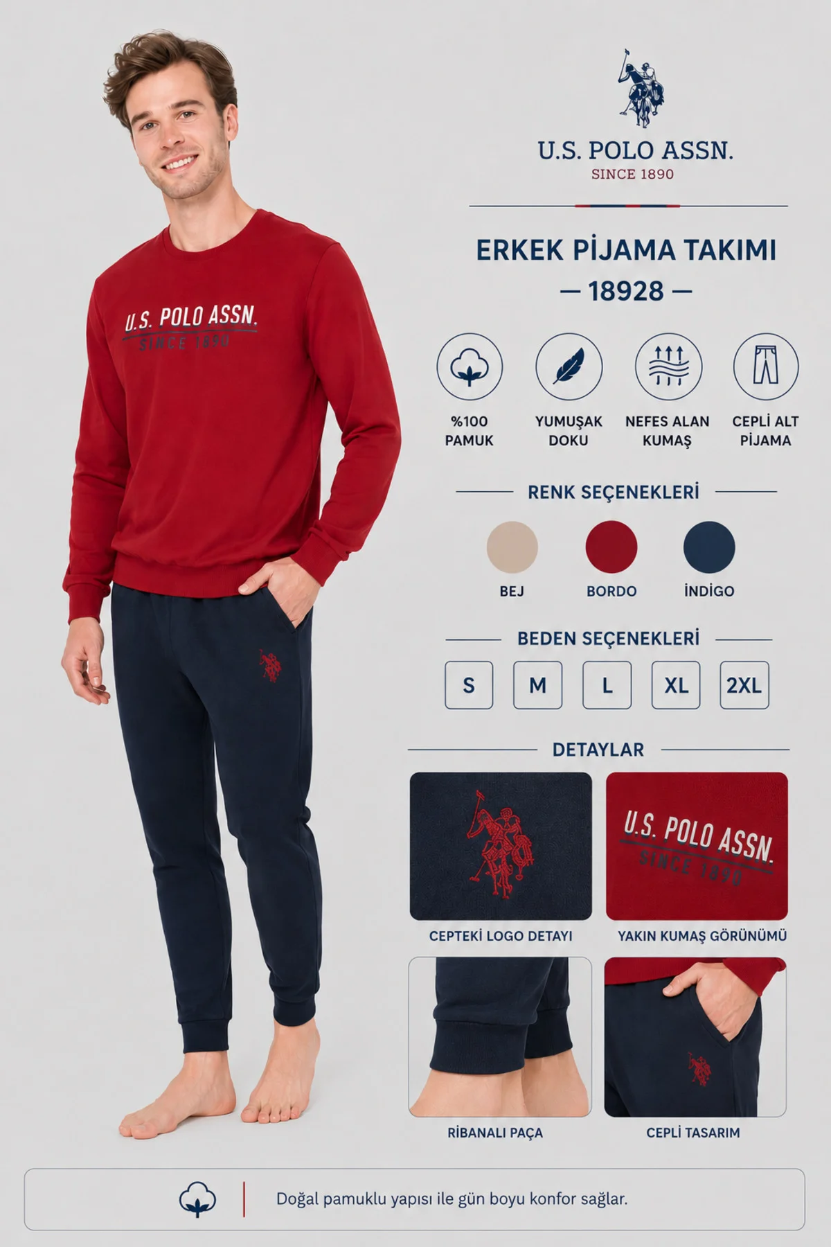 Erkek Bisiklet Yaka Uzun Kollu Pijama Takımı S26928 BANTLI PAÇA RAHAT KUMAŞ CEPLİ