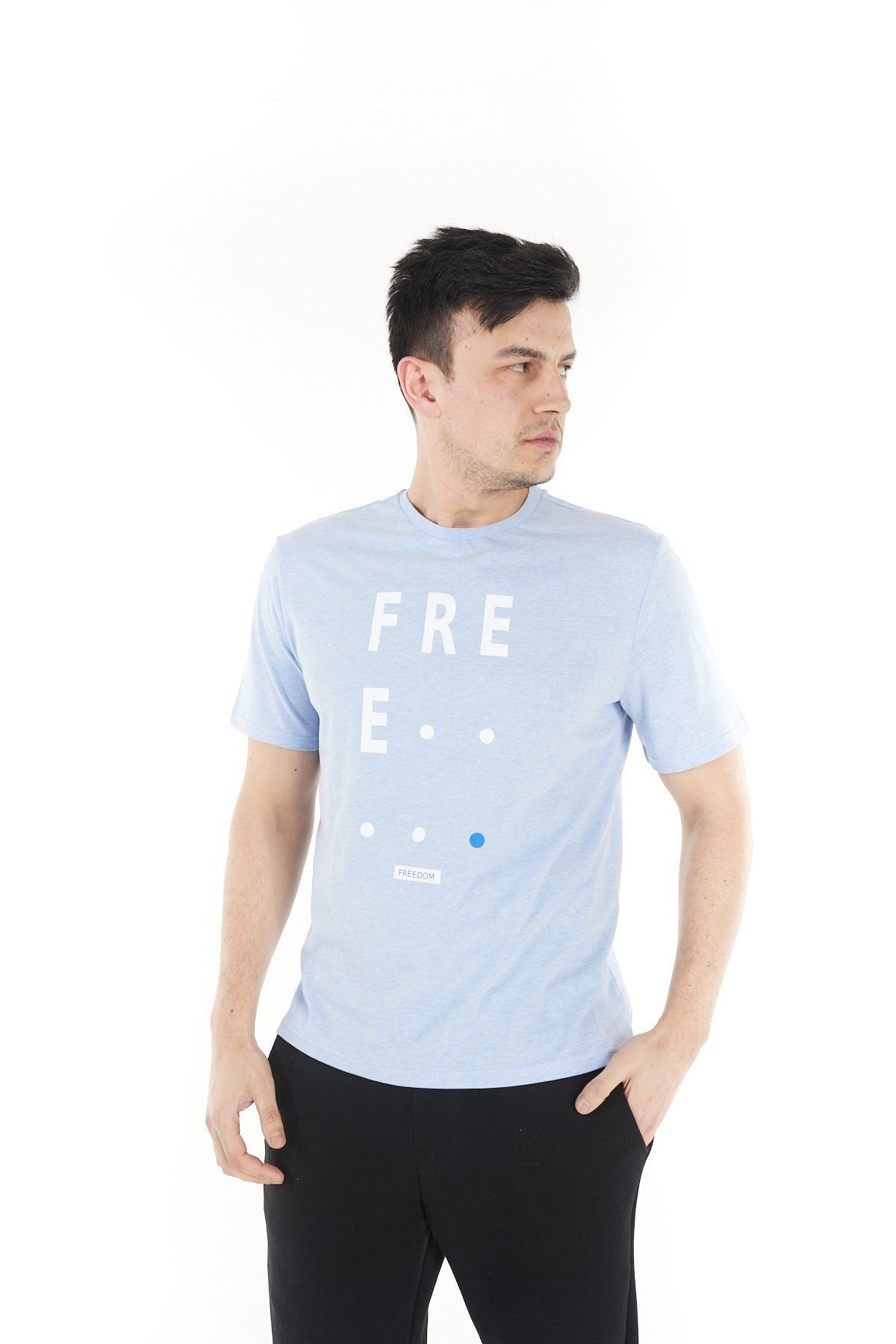 Erkek Bisiklet Yaka Kısa Kollu Regular Fit Baskılı Tişört Mavi Me