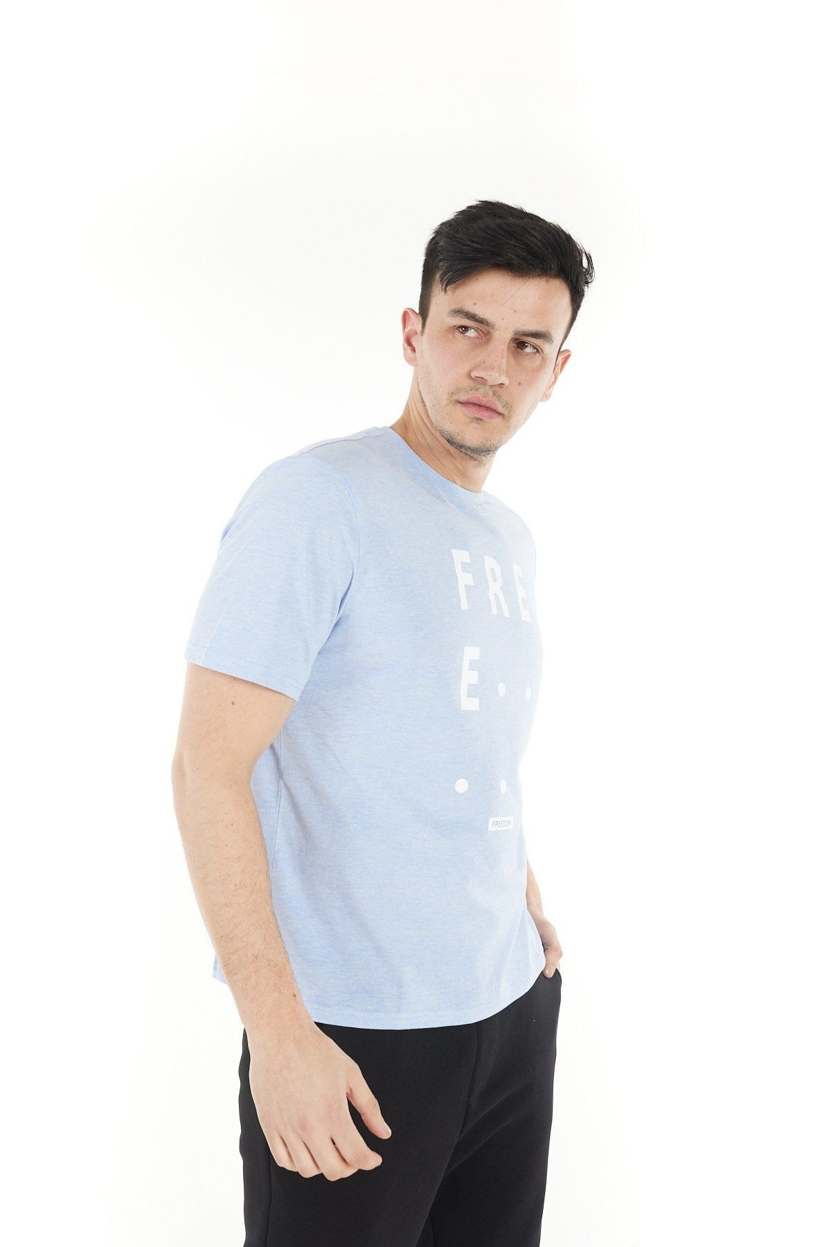 Erkek Bisiklet Yaka Kısa Kollu Regular Fit Baskılı Tişört Mavi Me