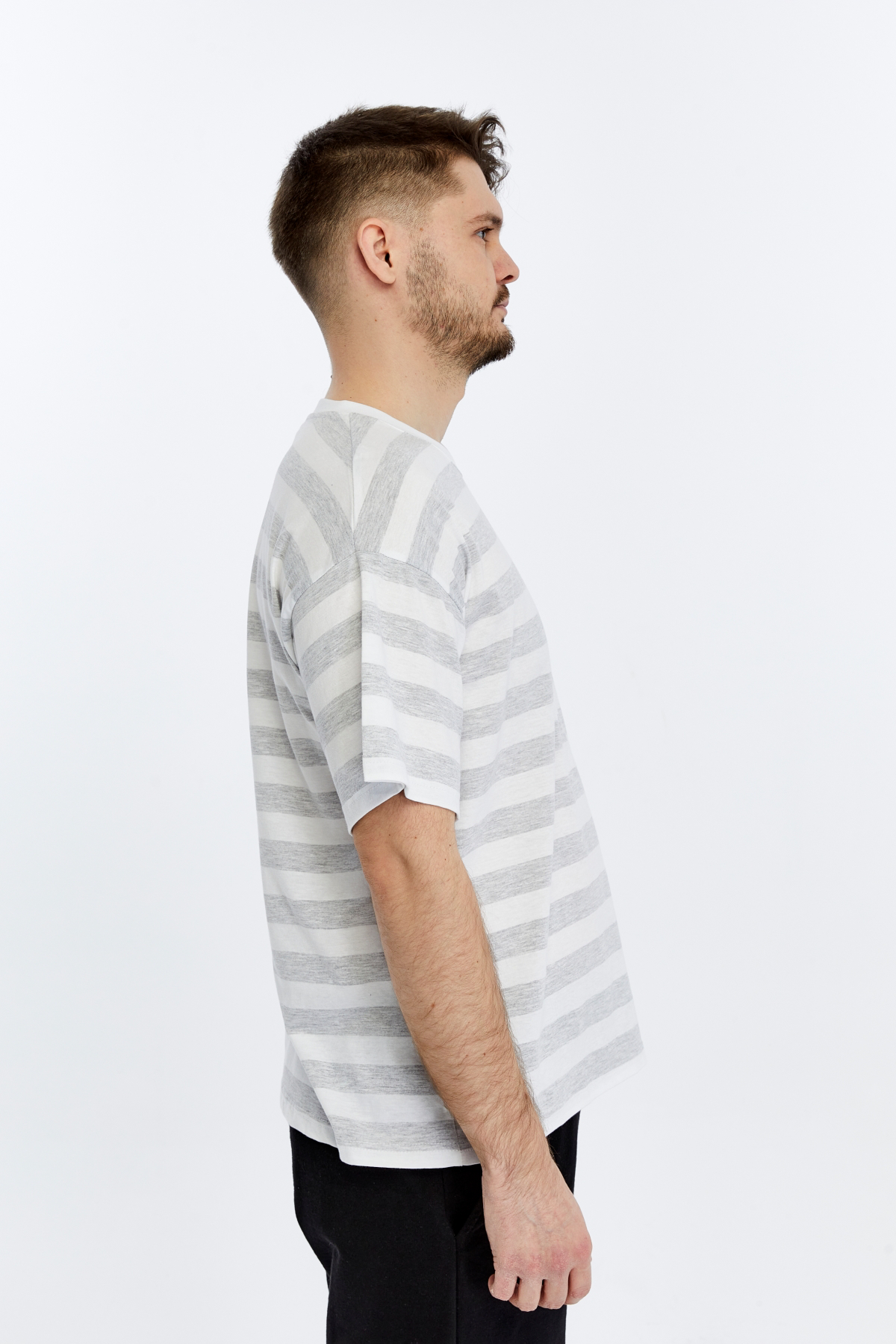 Erkek Bisiklet Yaka Kısa Kollu Oversize Kalıp Çizgili Tişört