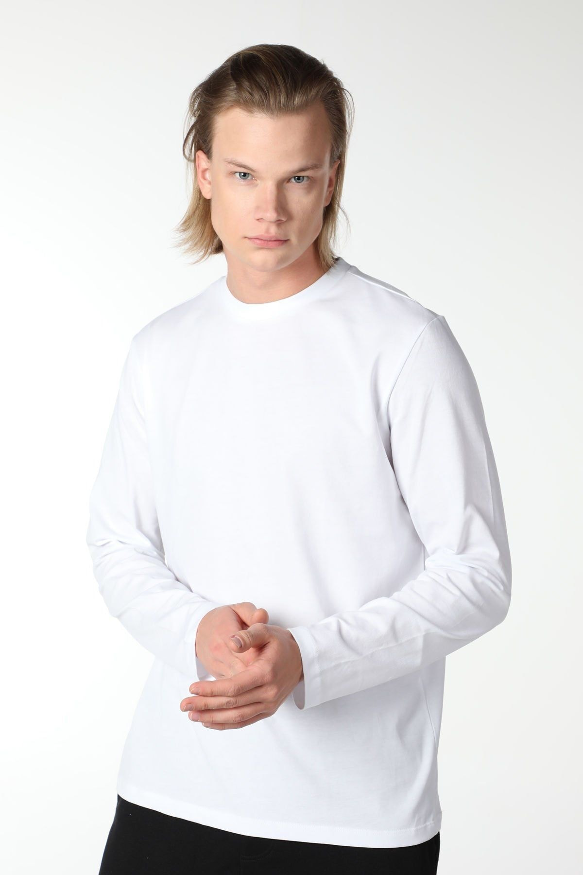 Erkek Bisiklet Yaka Uzun Kollu Regular Fit Basic Tişört Beyaz