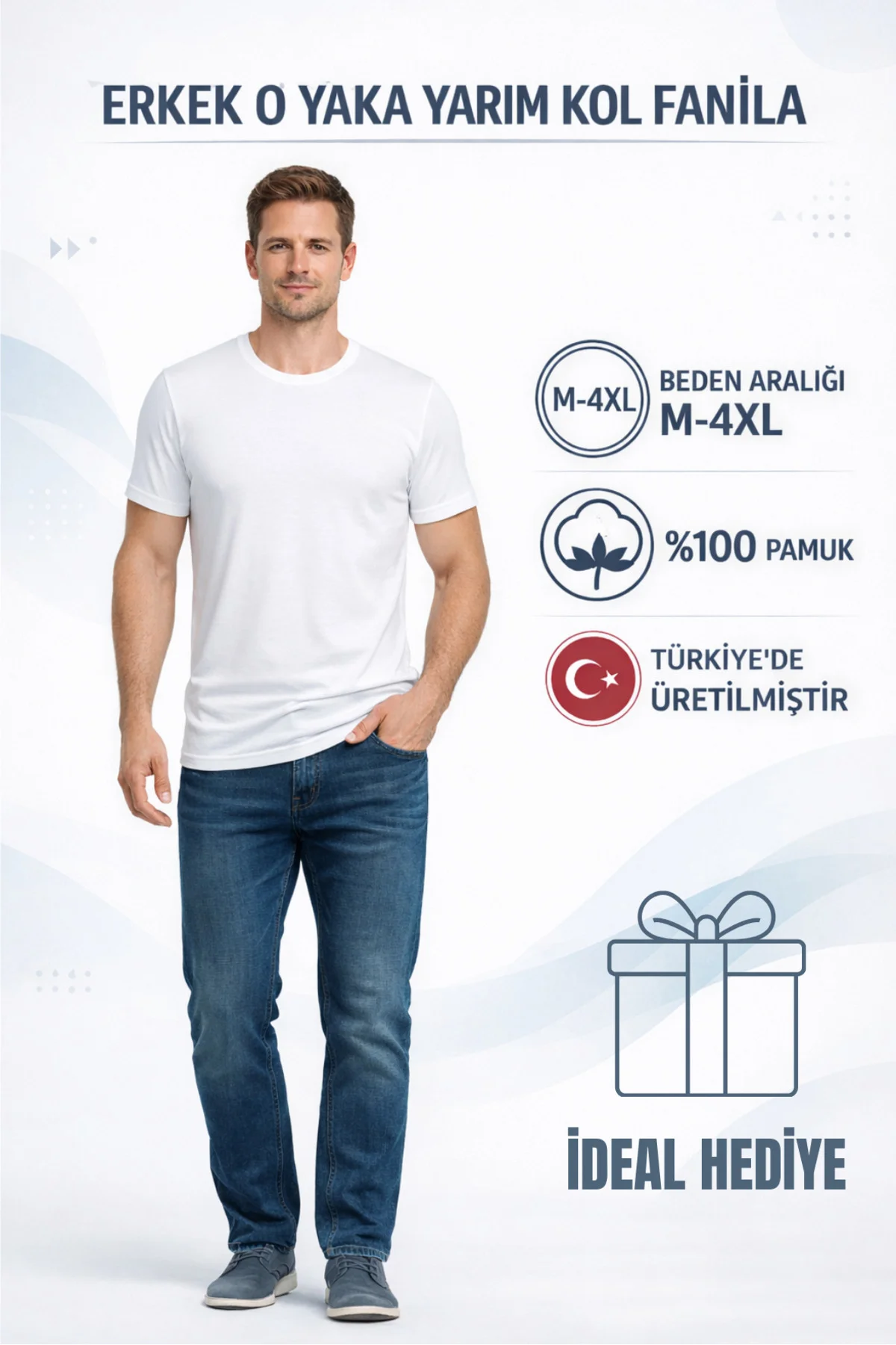 Erkek Bisiklet Yaka Yarım Kol Beyaz Fanila