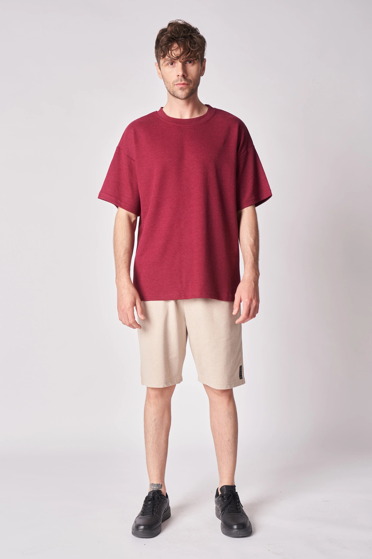 Erkek Bisiklet Yaka Kısa Kollu Dokulu Oversize Fit Basic Tişört B