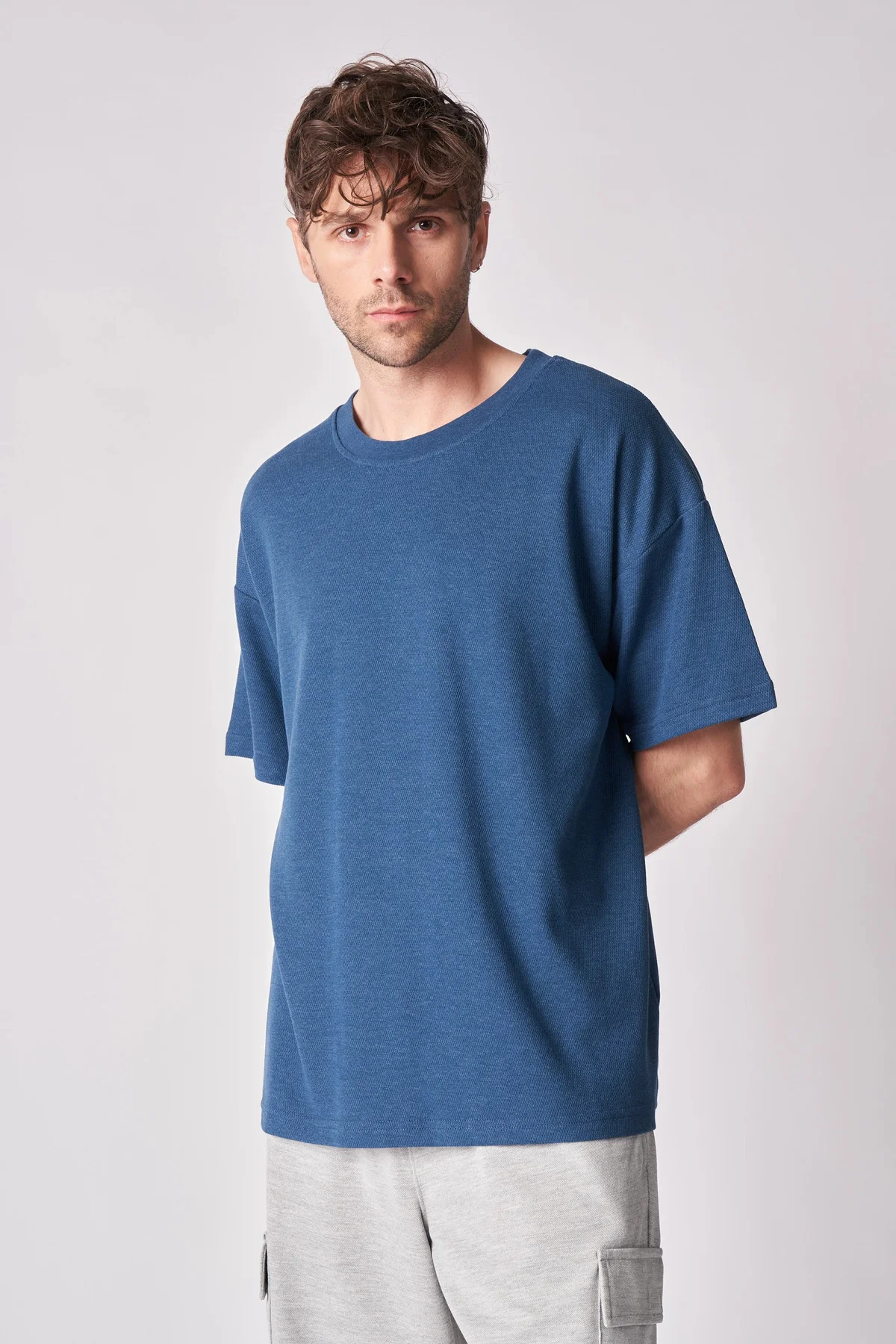 Erkek Bisiklet Yaka Kısa Kollu Dokulu Oversize Fit Basic Tişört Petrol