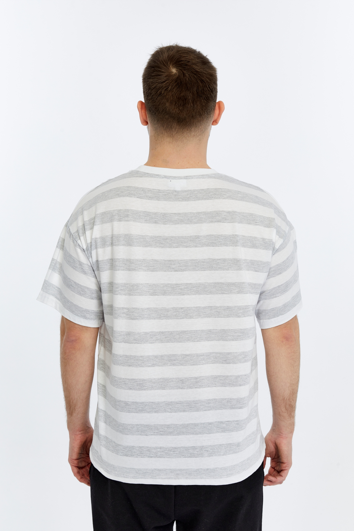 Erkek Bisiklet Yaka Kısa Kollu Oversize Kalıp Çizgili Tişört