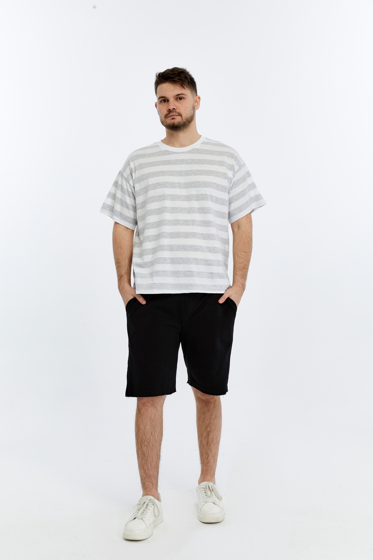 Erkek Bisiklet Yaka Kısa Kollu Oversize Kalıp Çizgili Tişört