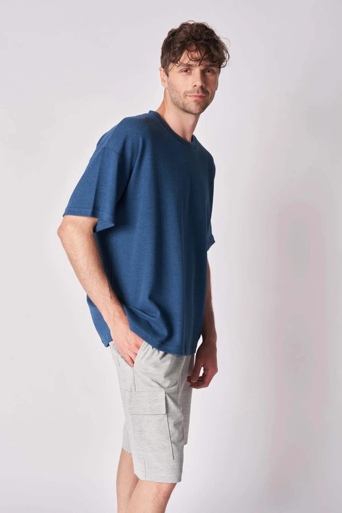 Erkek Bisiklet Yaka Kısa Kollu Dokulu Oversize Fit Basic Tişört Petrol