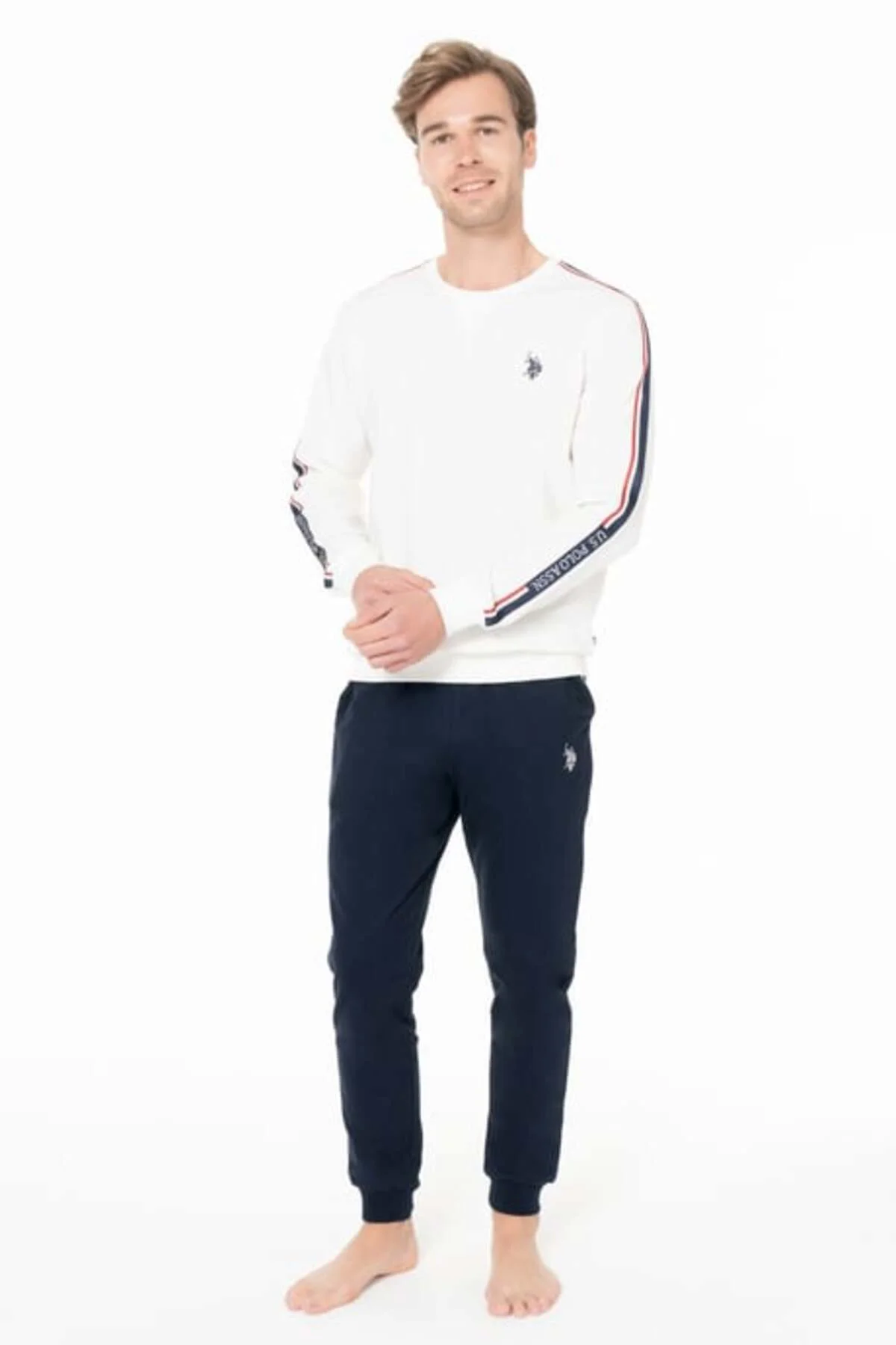 Erkek Bisiklet Yaka Uzun Kollu Pijama Takımı S26942 BANTLI PAÇA