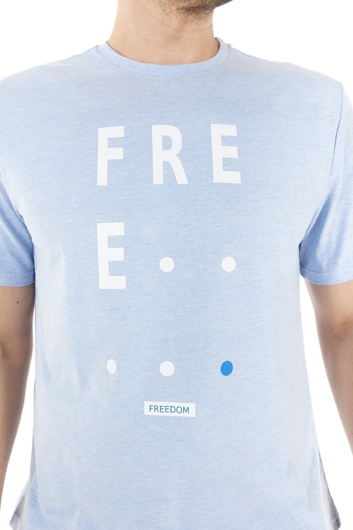 Erkek Bisiklet Yaka Kısa Kollu Regular Fit Baskılı Tişört Mavi Me