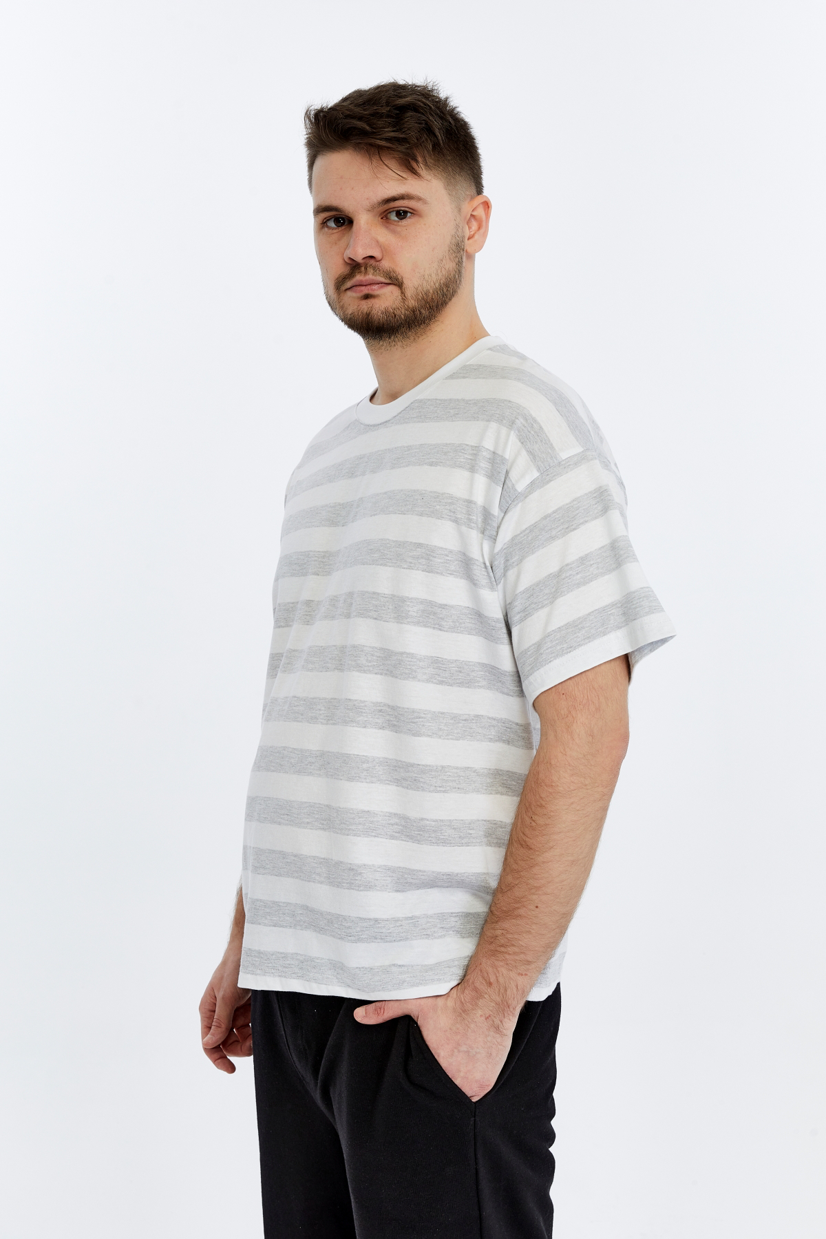 Erkek Bisiklet Yaka Kısa Kollu Oversize Kalıp Çizgili Tişört
