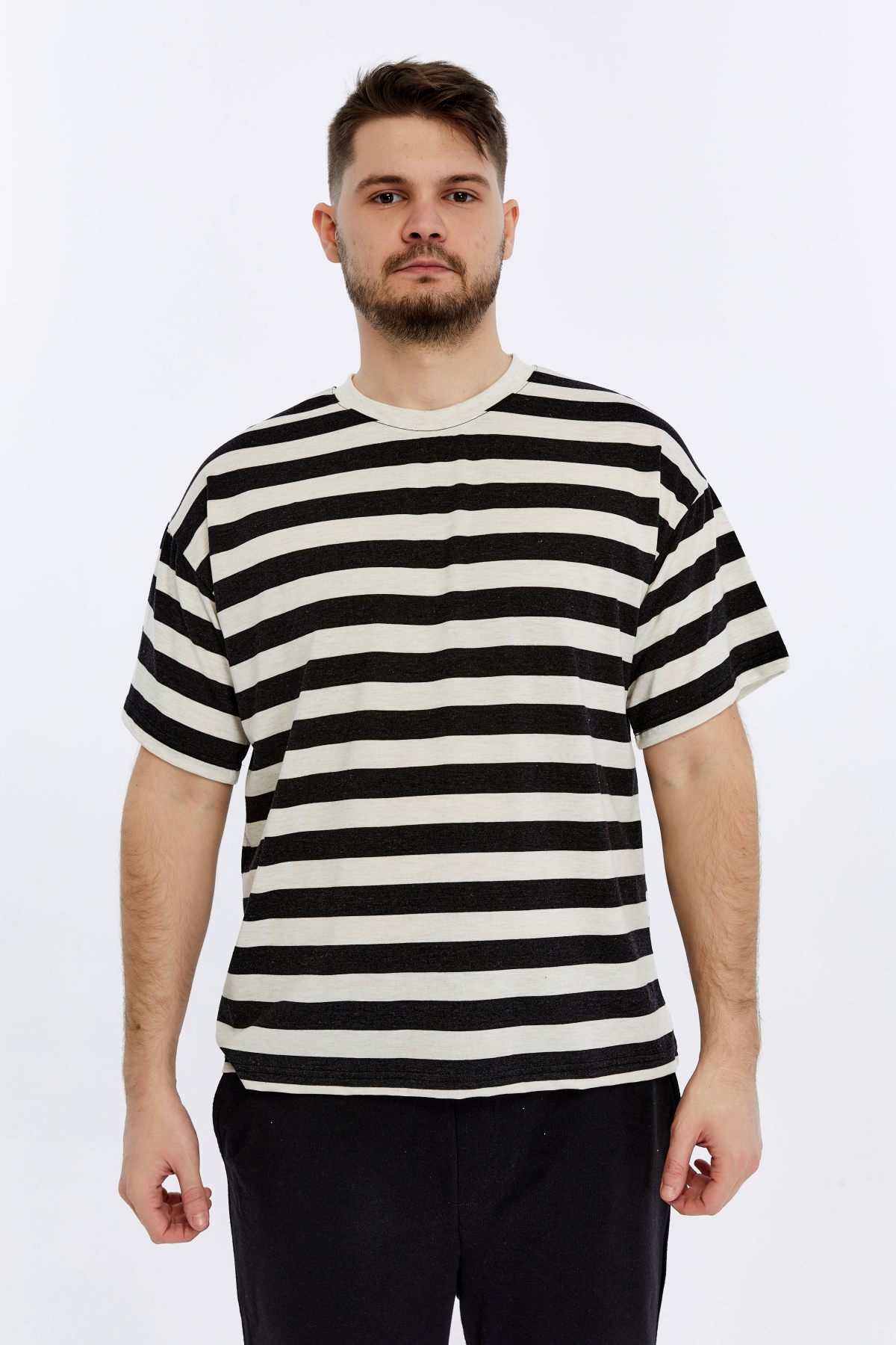 Erkek Bisiklet Yaka Kısa Kollu Oversize Kalıp Çizgili Tişört
