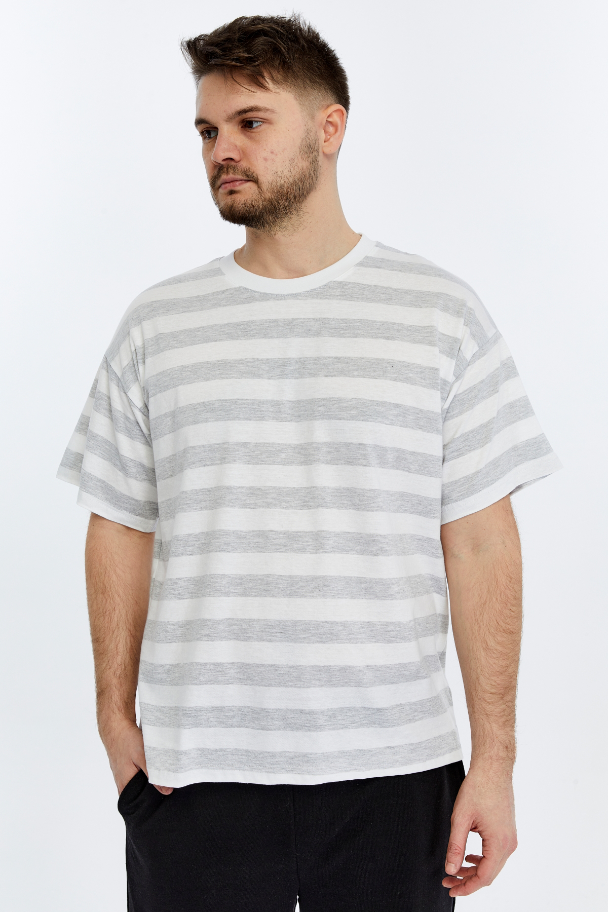 Erkek Bisiklet Yaka Kısa Kollu Oversize Kalıp Çizgili Tişört