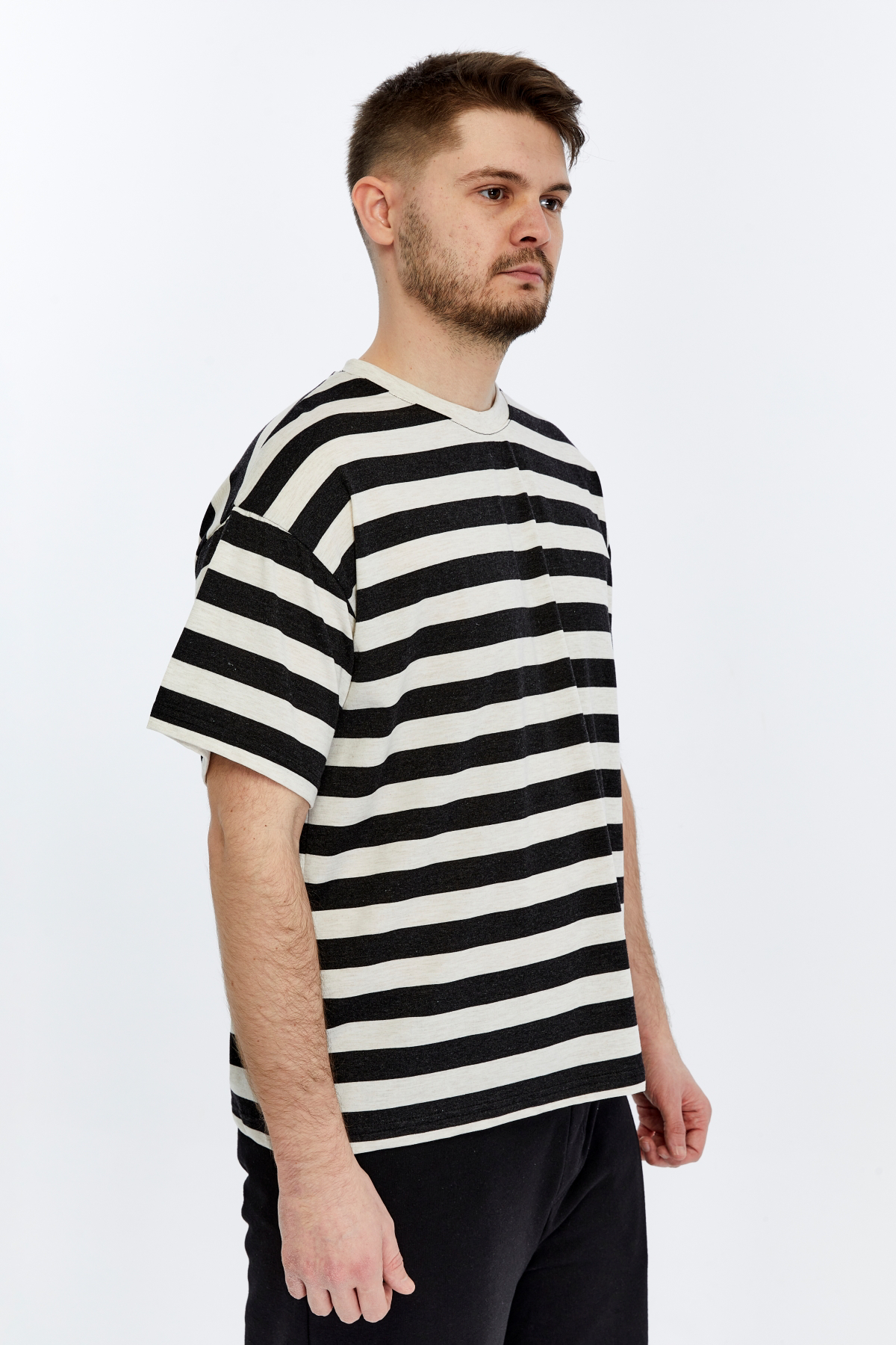 Erkek Bisiklet Yaka Kısa Kollu Oversize Kalıp Çizgili Tişört