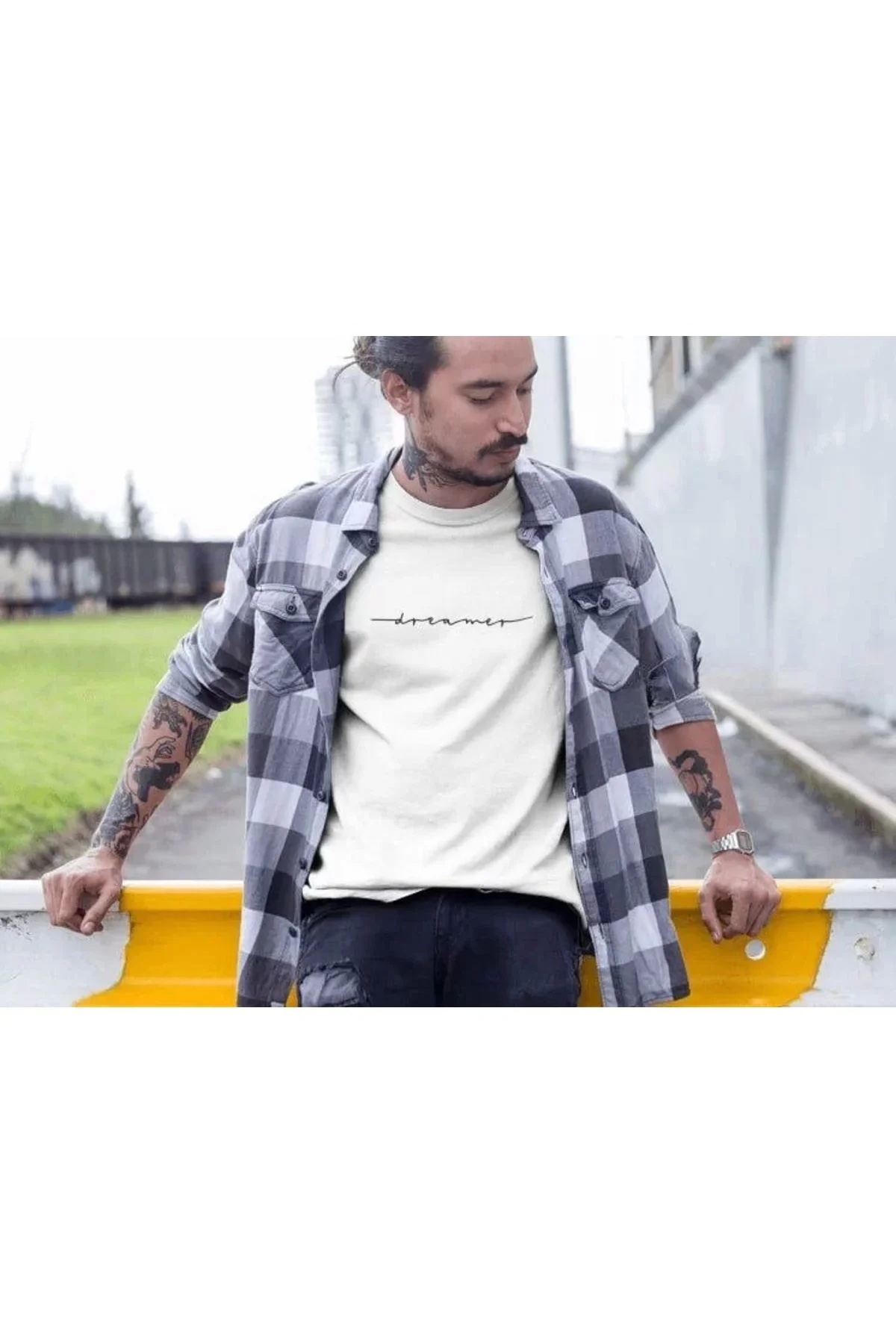 Erkek Bisiklet Yaka Baskılı Oversize T-Shirt - Beyaz
