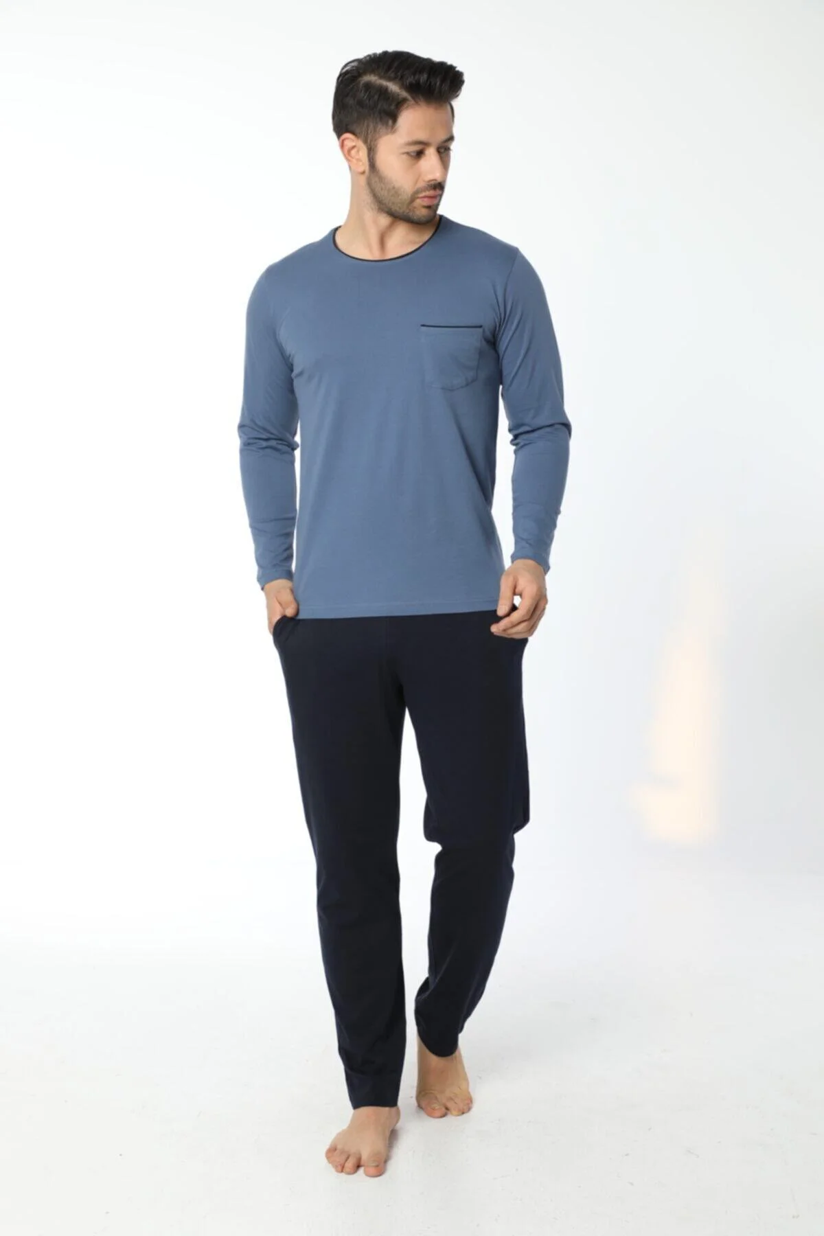 Erkek Bisiklet Yaka Uzunkol Ince Süprem Pijama
