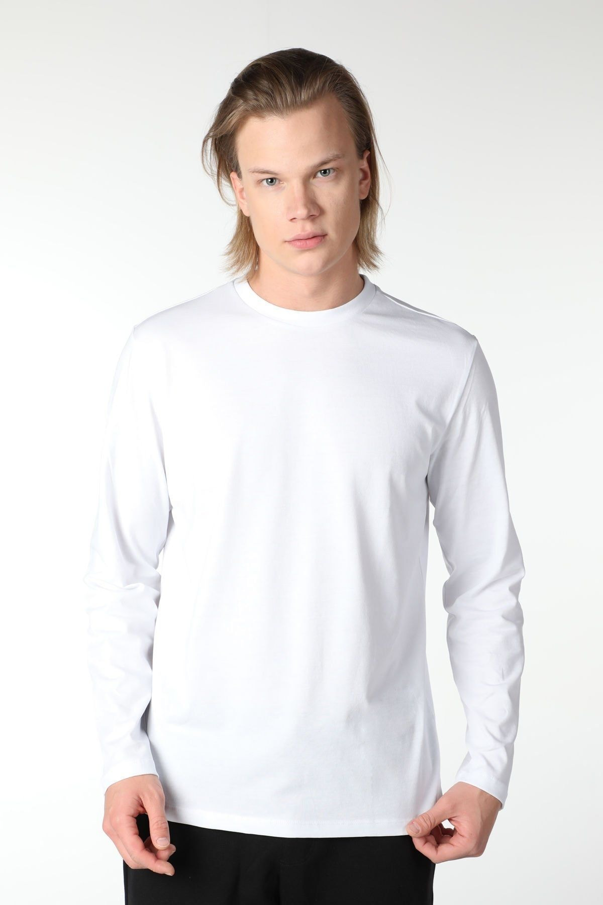 Erkek Bisiklet Yaka Uzun Kollu Regular Fit Basic Tişört Beyaz
