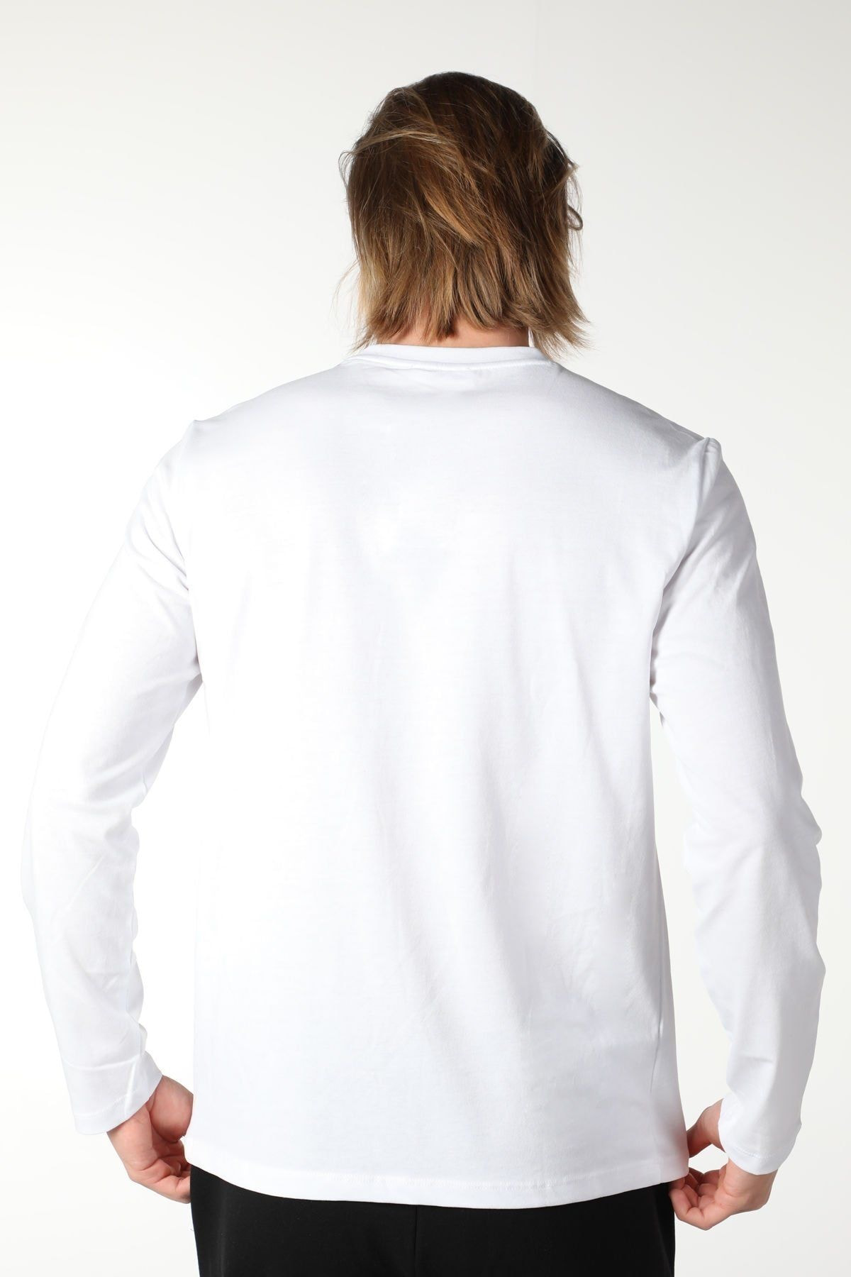 Erkek Bisiklet Yaka Uzun Kollu Regular Fit Basic Tişört Beyaz