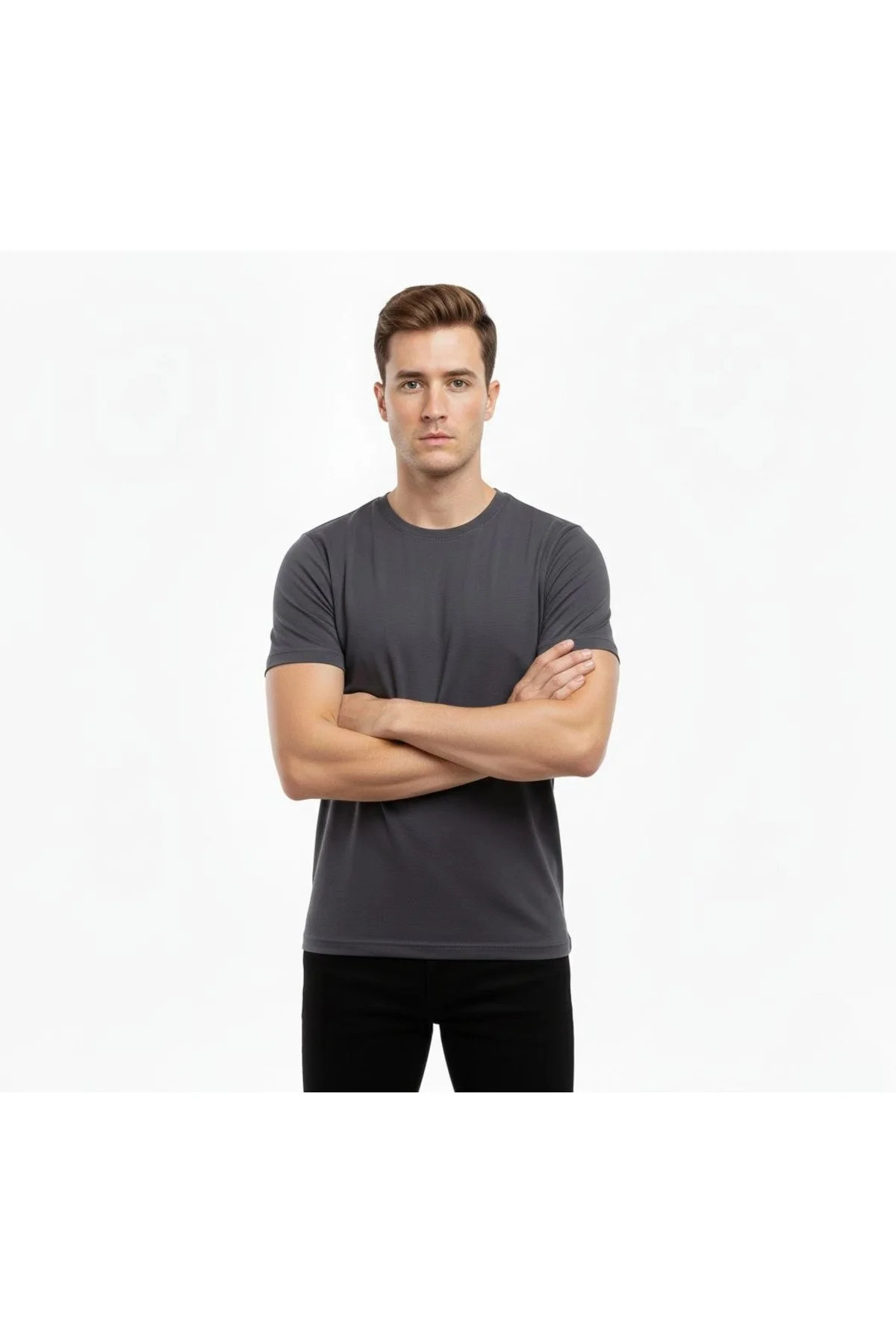 Erkek Bisiklet Yaka Slim Fit dar kesim Likralı Tişört - Füme