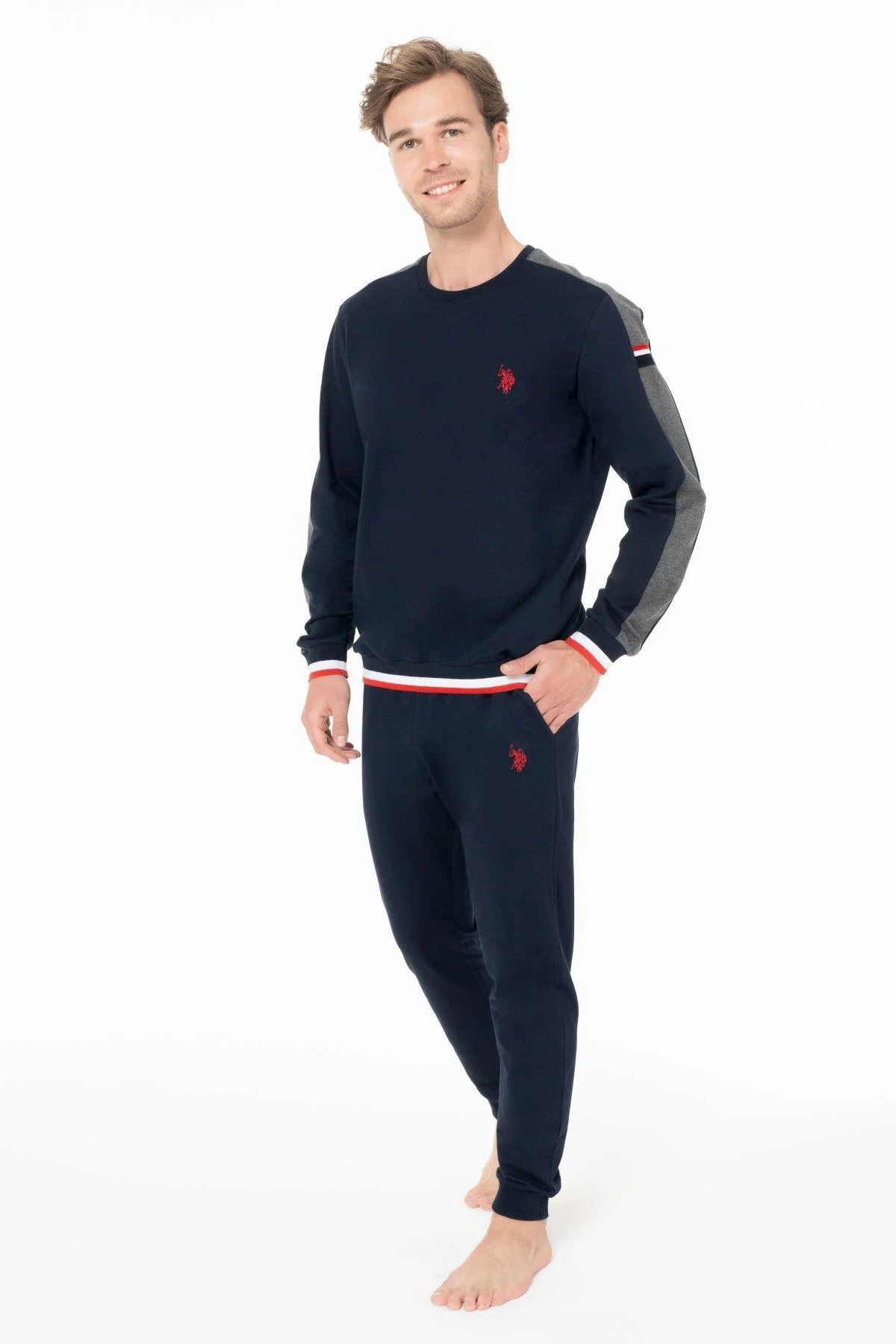 Erkek Bisiklet Yaka Uzun Kollu Pijama Takımı S26931 BANTLI PAÇA RAHAT KUMAŞ