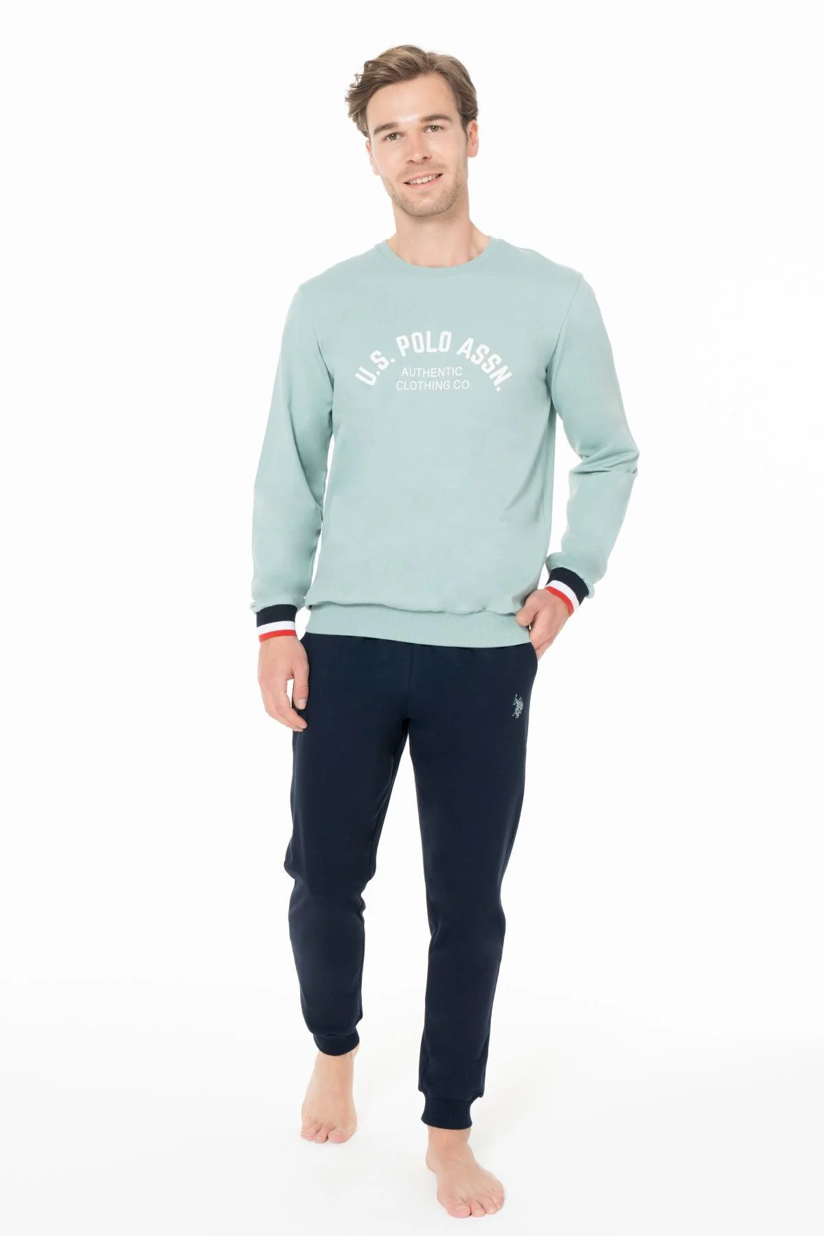 Erkek Bisiklet Yaka Uzun Kollu Pijama Takımı S26952 BANTLI PAÇA R