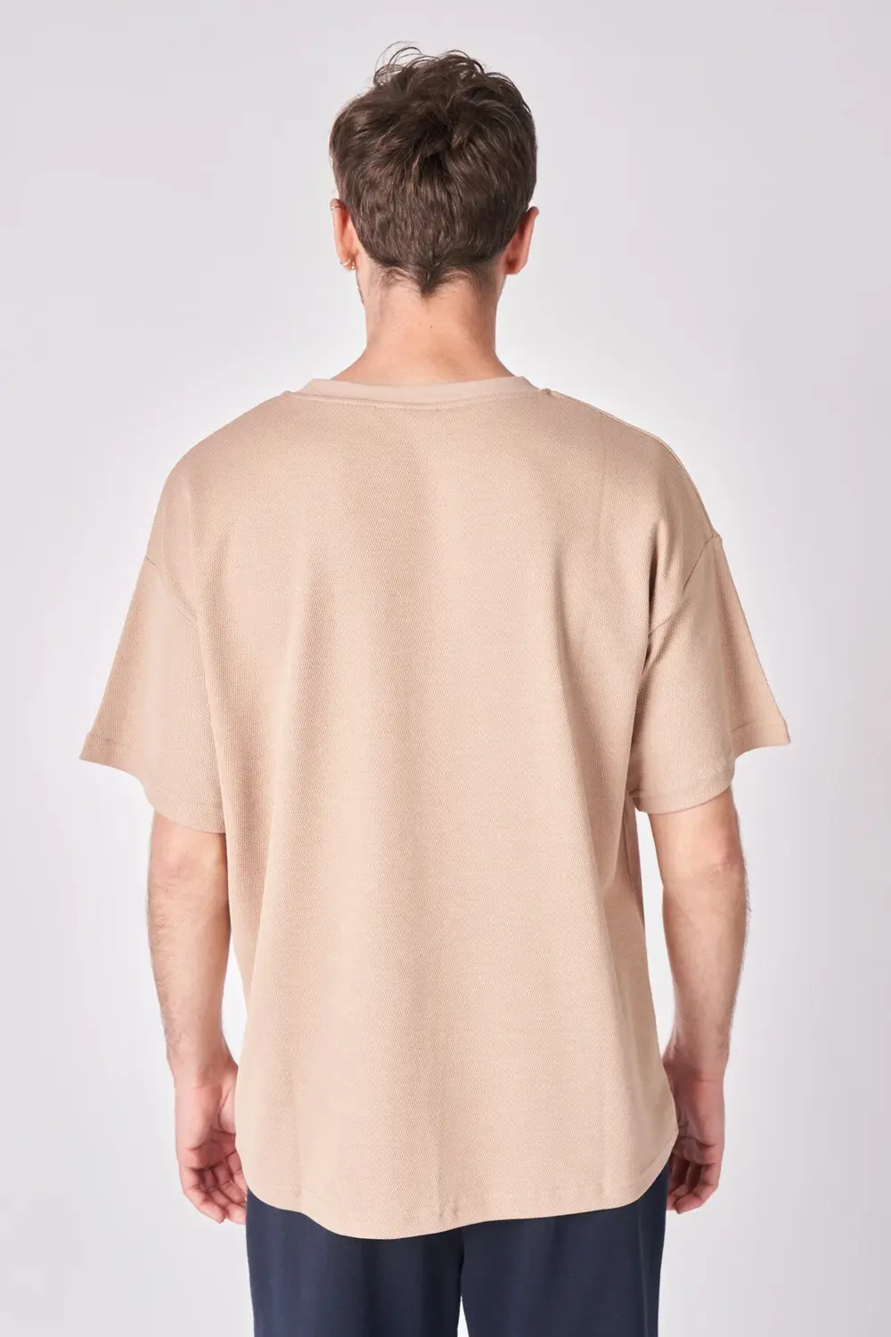 Erkek Bisiklet Yaka Kısa Kollu Dokulu Oversize Fit Basic Tişört V