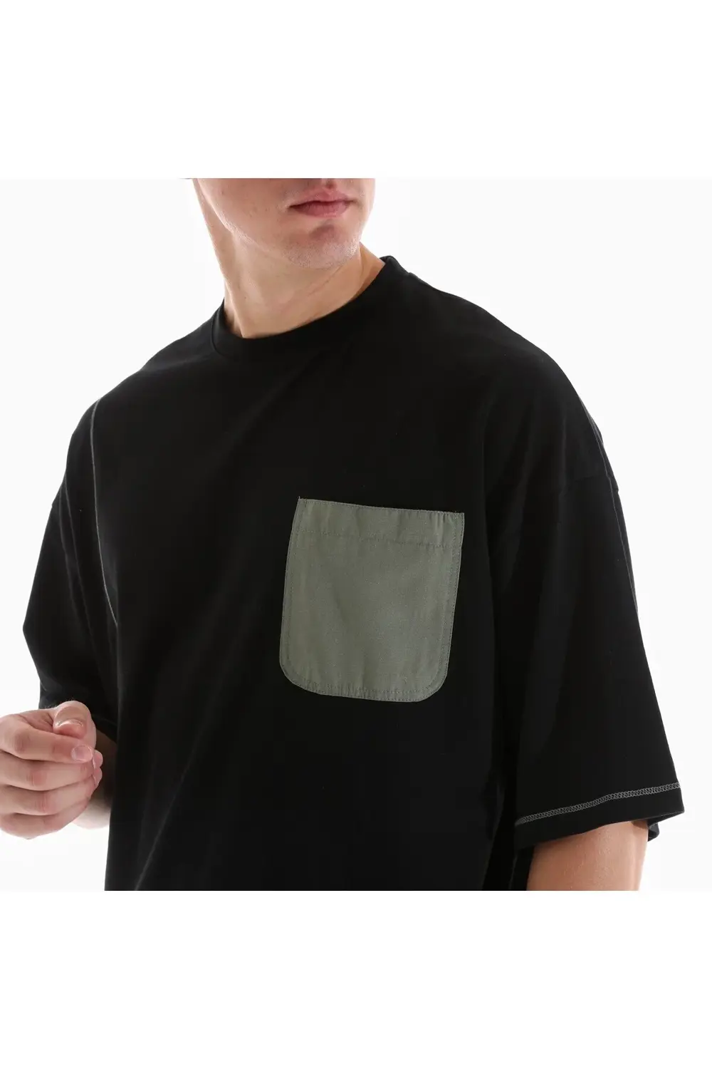 Erkek Bisiklet Yaka Kısa Kollu Oversize Fit Cep Detaylı Tişört Si