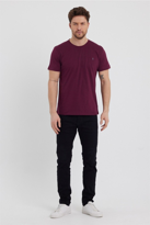 Erkek Bordo Slim Fit Bisiklet Yaka %100 Pamuk Kısa Kollu Tişört -