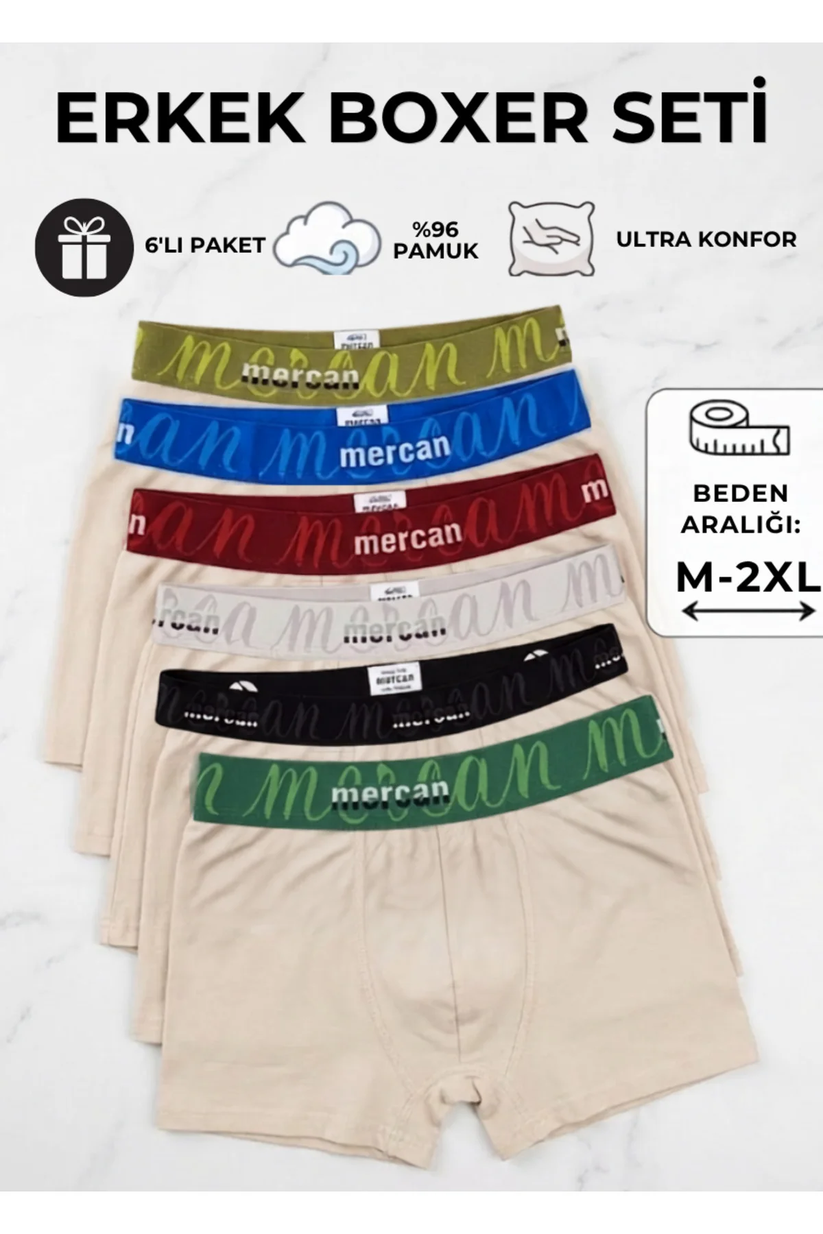 Erkek Boxer 6'li Paket %96 Pamuk Özel Tasarım Bel Lastiği