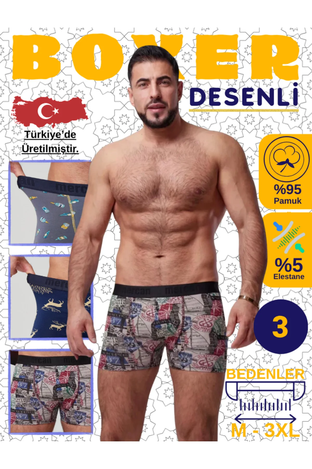 ERKEK BOXER ŞİŞE, ROTA, GEYİK DESENLİ 3'lü PAKET - RAHAT KESİM