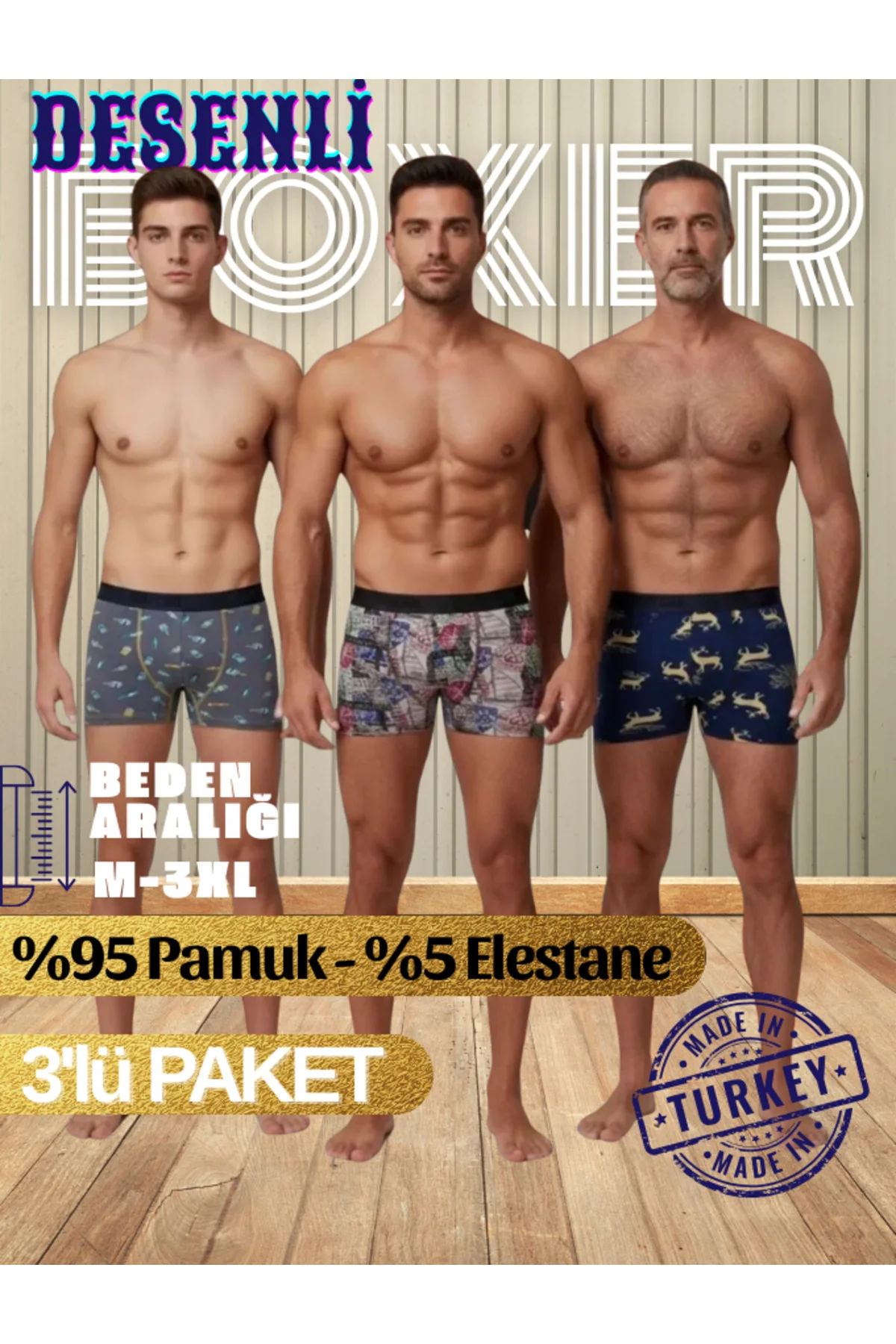 ERKEK BOXER ŞİŞE, ROTA, GEYİK DESENLİ 3'lü PAKET - RAHAT KESİM