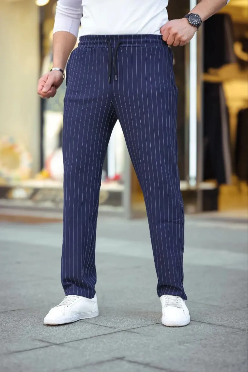 Erkek Cizgili Dokuma Krep Jogger Buggy Pantalon Rahat Kalıp - Lac