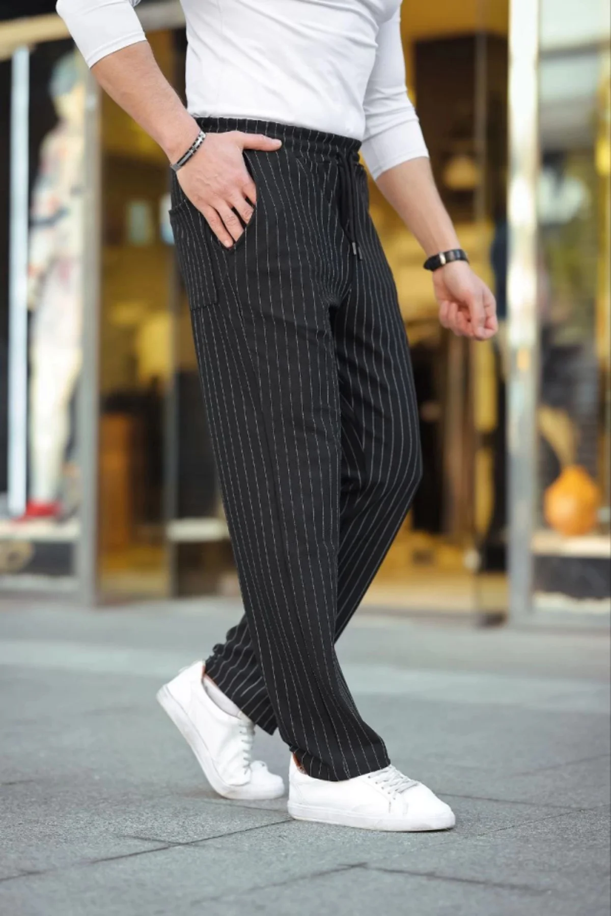 Erkek Cizgili Dokuma Krep Jogger Buggy Pantalon Rahat Kalıp - Siy