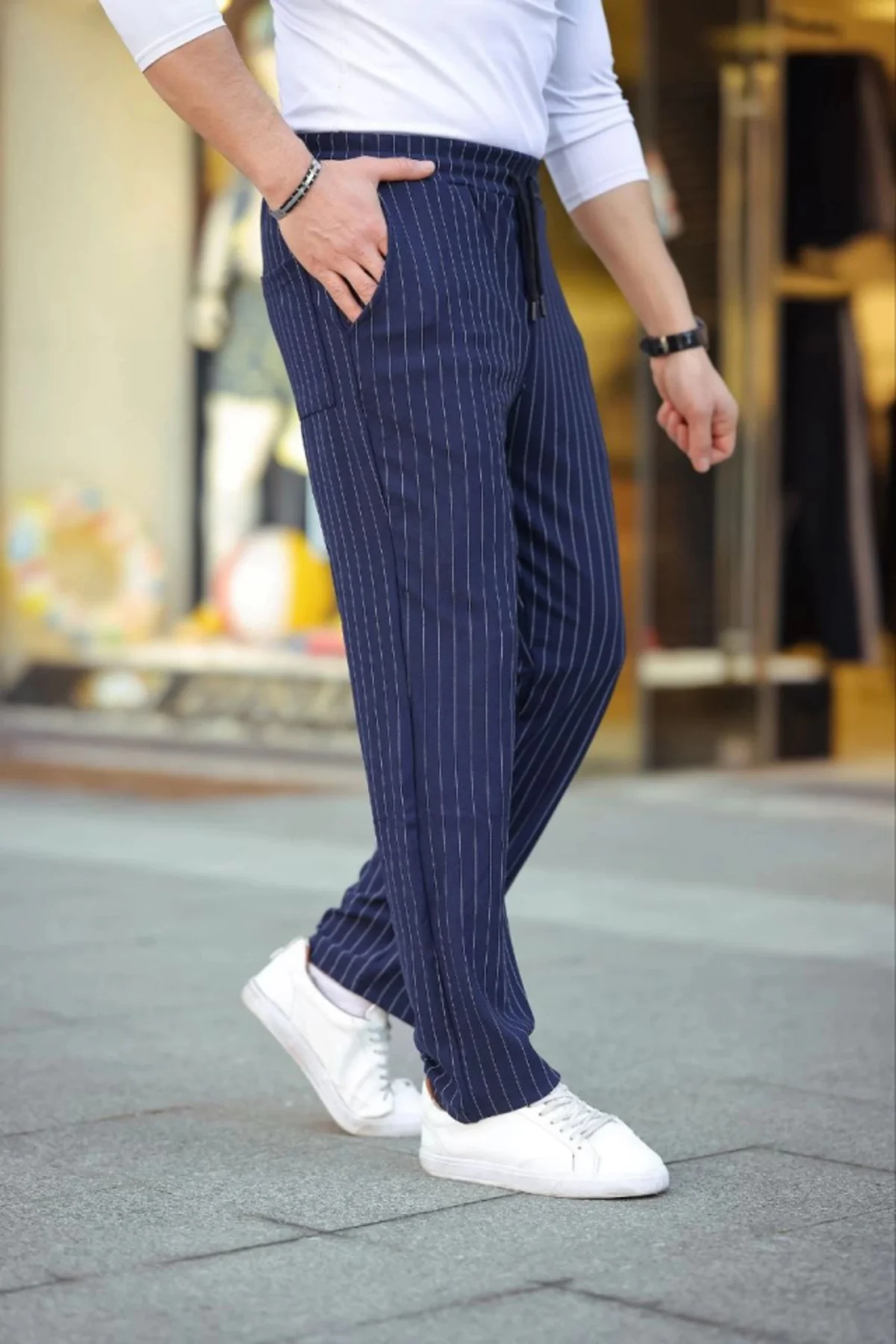 Erkek Cizgili Dokuma Krep Jogger Buggy Pantalon Rahat Kalıp - Lac