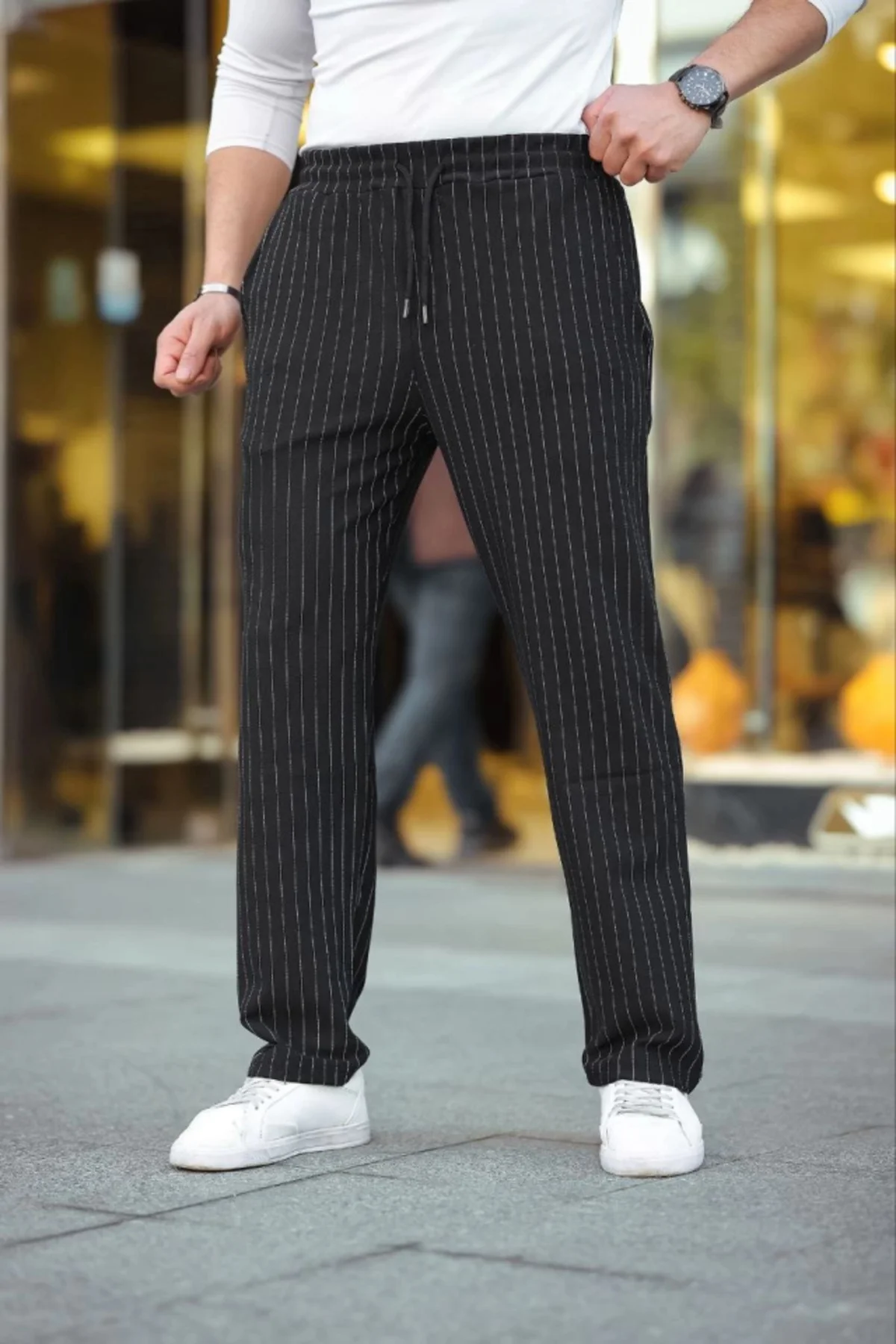 Erkek Cizgili Dokuma Krep Jogger Buggy Pantalon Rahat Kalıp - Siy