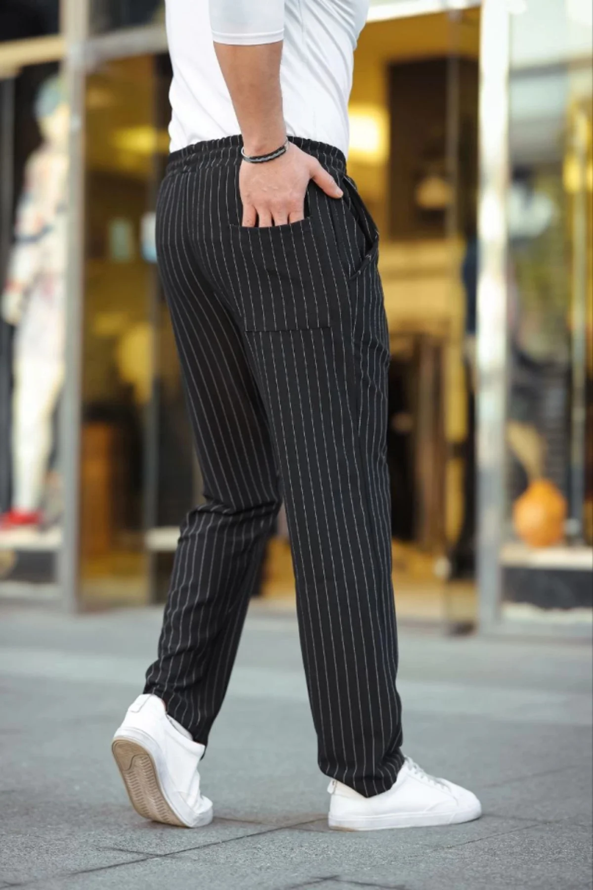 Erkek Cizgili Dokuma Krep Jogger Buggy Pantalon Rahat Kalıp - Siy
