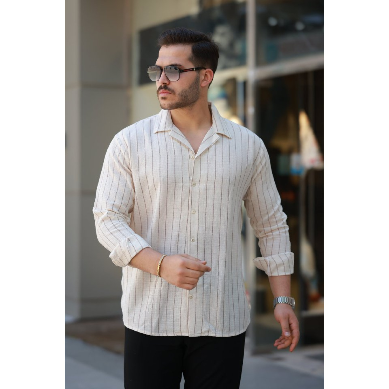 Erkek çizgili Lucky Life Keten Gömlek