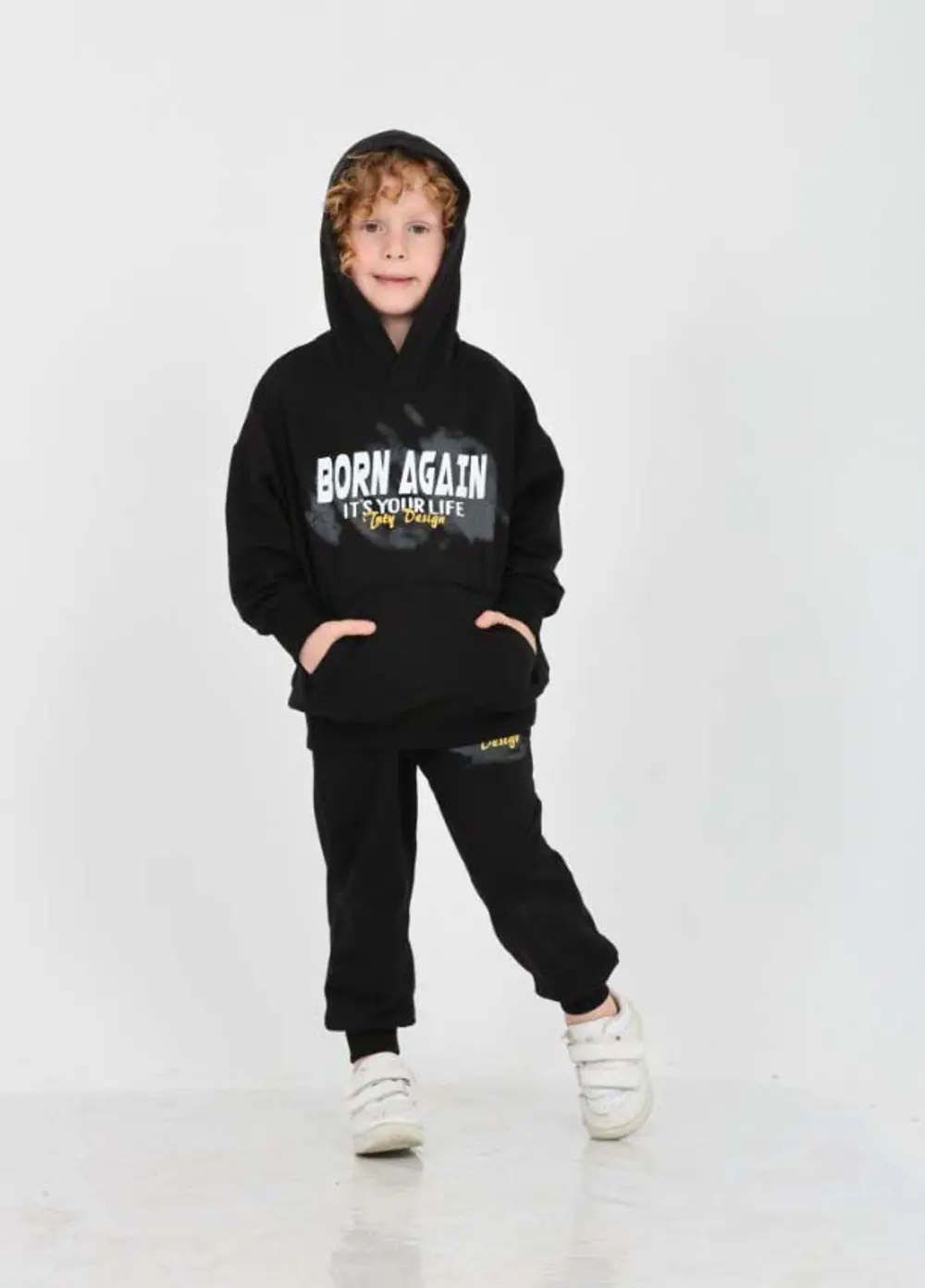 Erkek Çocuk 2'li Takım Baskılı Kapüşonlu Sweatshirt & Beli Paçası