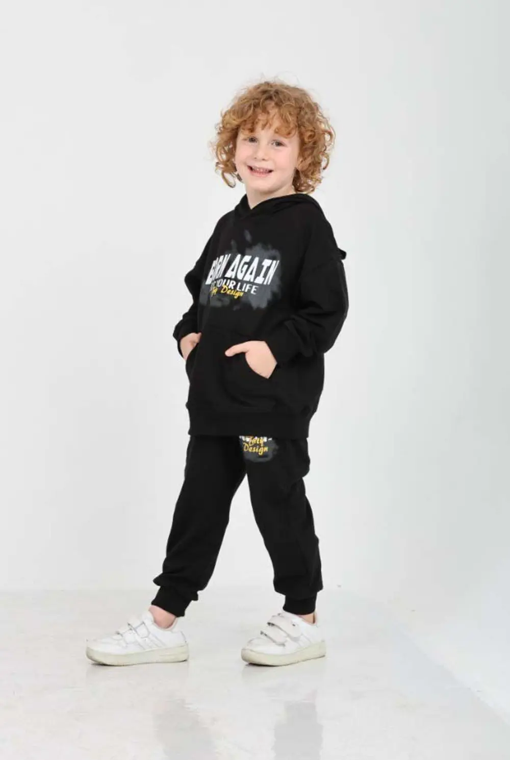 Erkek Çocuk 2'li Takım Baskılı Kapüşonlu Sweatshirt & Beli Paçası