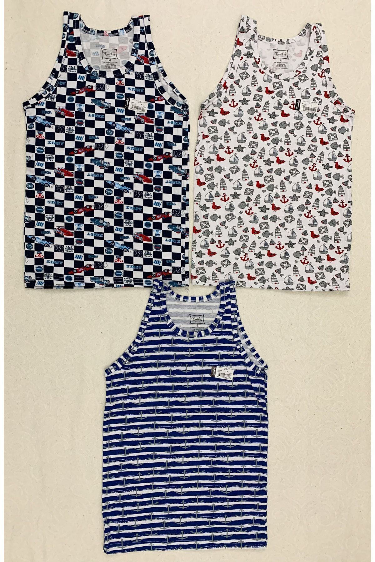 Erkek Çocuk 3 Adet Elastan Empirme Desenli Atlet