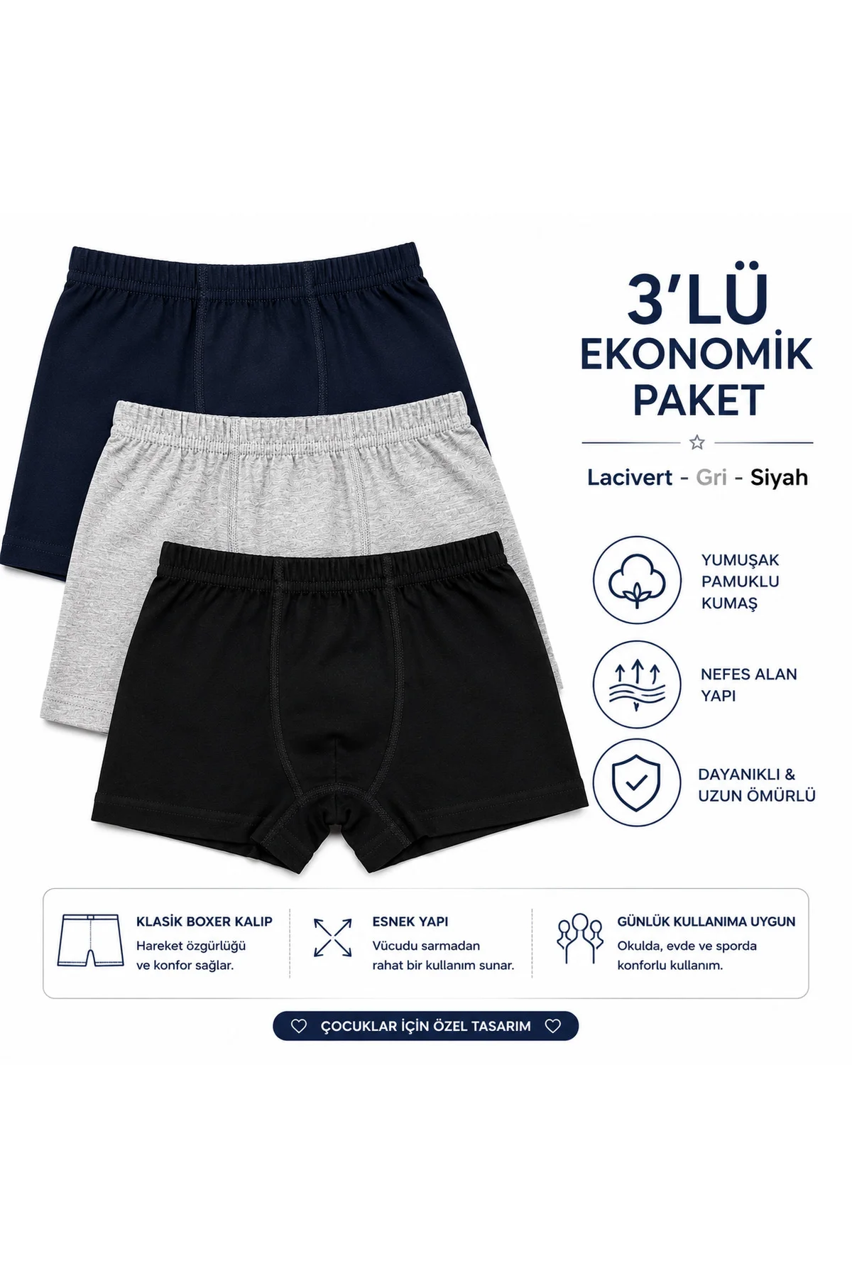 Erkek Çocuk Boxer 3’lü Paket – Pamuklu Esnek Bel Rahat Kalıp Lacivert Gri Siyah Çocuk İç Giyim Fiyatı, Yorumları ve Özellikleri