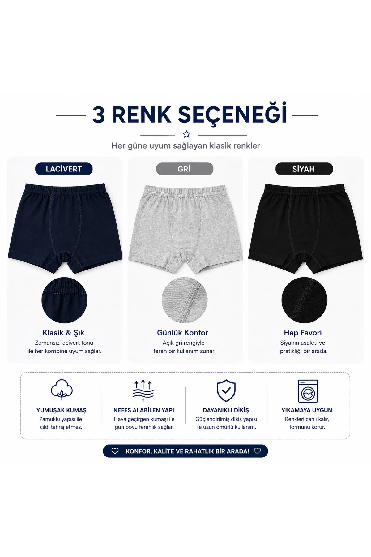 Erkek Çocuk Boxer 3’lü Paket – Pamuklu Esnek Bel Rahat Kalıp Lacivert Gri Siyah Çocuk İç Giyim Fiyatı, Yorumları ve Özellikleri