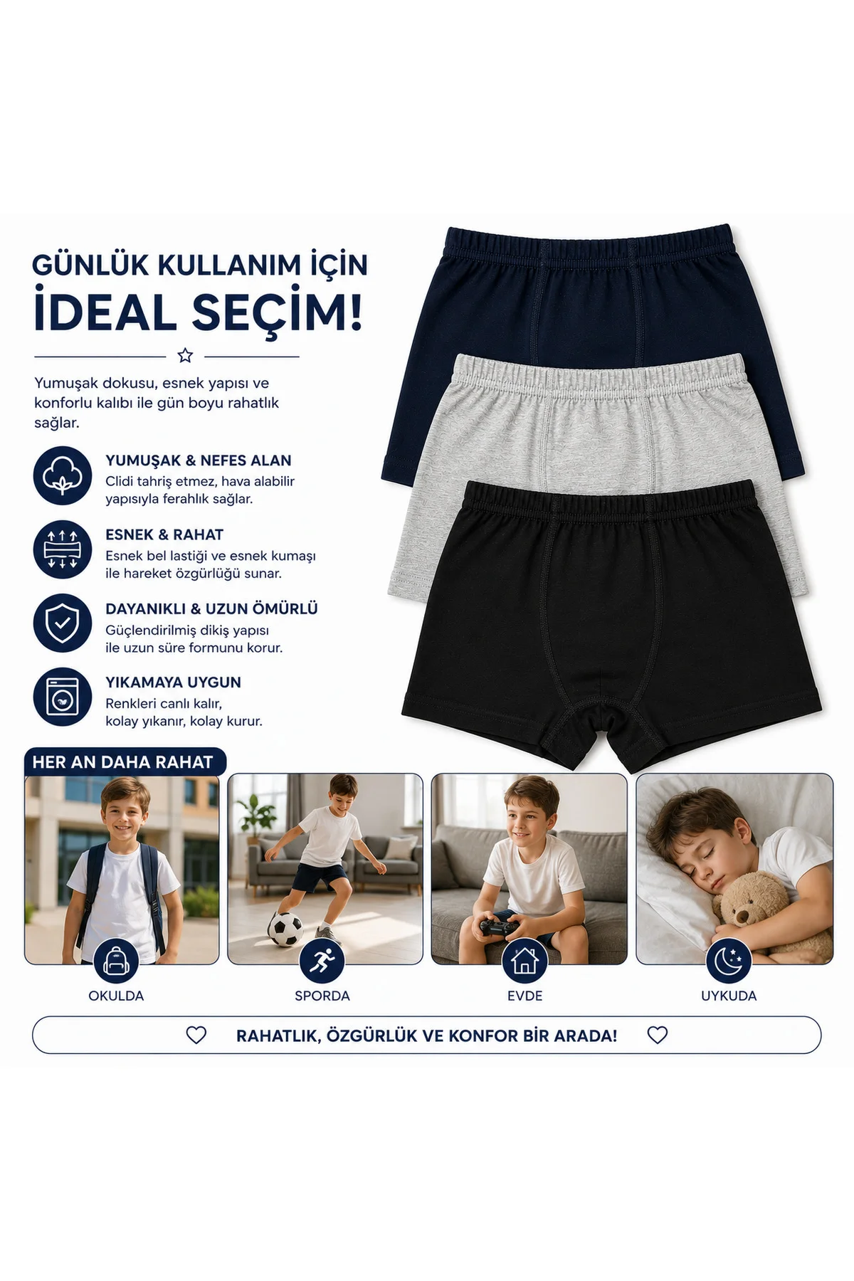 Erkek Çocuk Boxer 3’lü Paket – Pamuklu Esnek Bel Rahat Kalıp Lacivert Gri Siyah Çocuk İç Giyim Fiyatı, Yorumları ve Özellikleri