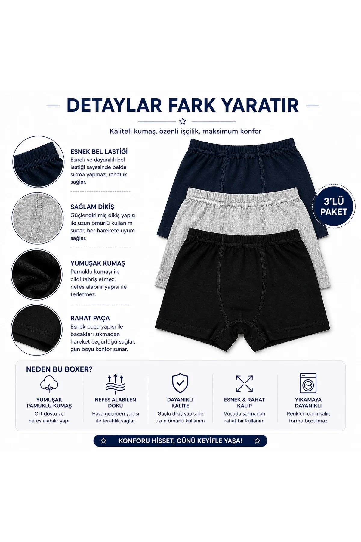 Erkek Çocuk Boxer 3’lü Paket – Pamuklu Esnek Bel Rahat Kalıp Lacivert Gri Siyah Çocuk İç Giyim Fiyatı, Yorumları ve Özellikleri