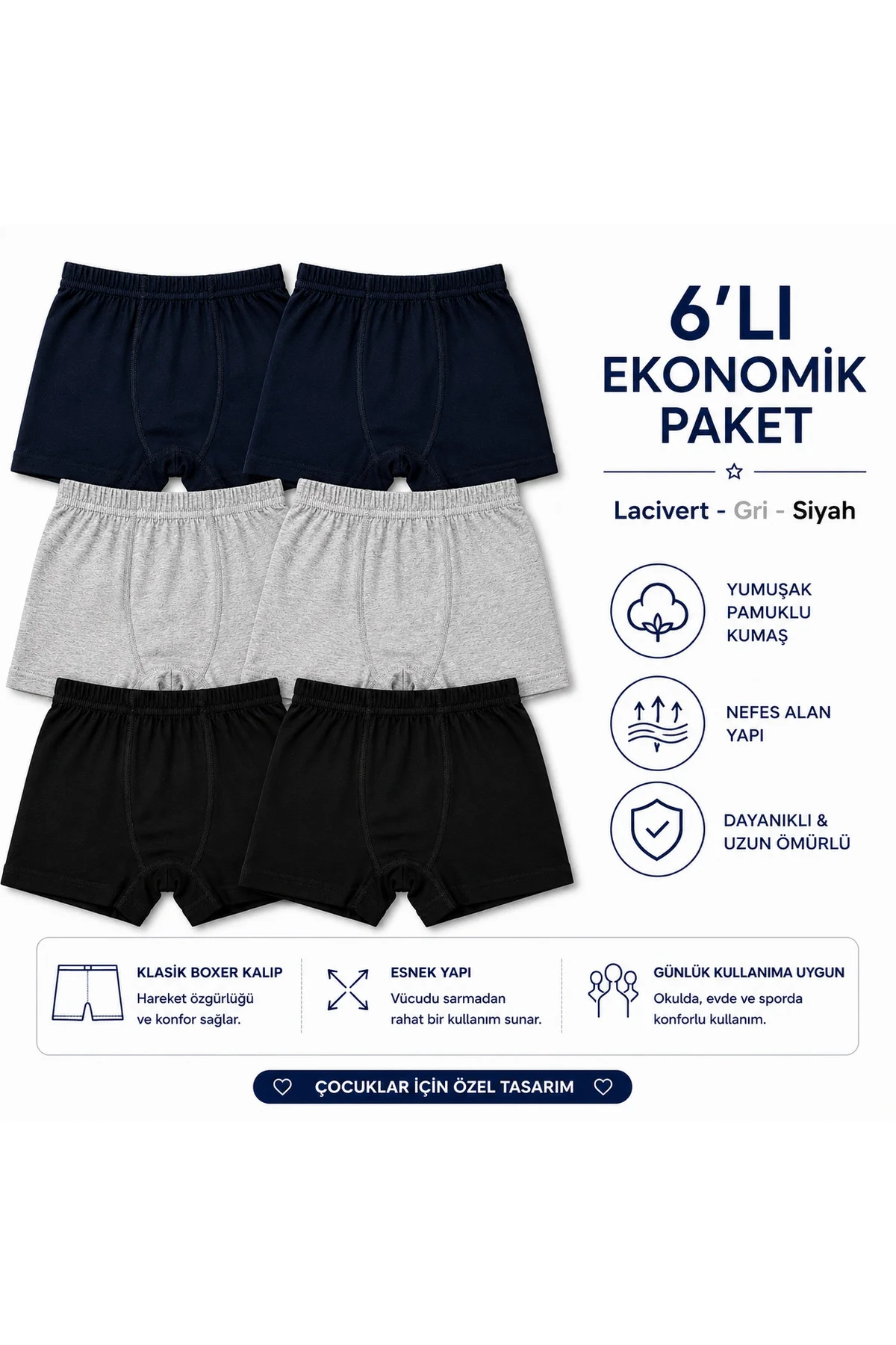 Erkek Çocuk Boxer 6’lı Paket – Pamuklu Esnek Bel Rahat Kalıp Lacivert Gri Siyah Çocuk İç Giyim Fiyatı, Yorumları ve Özellikleri