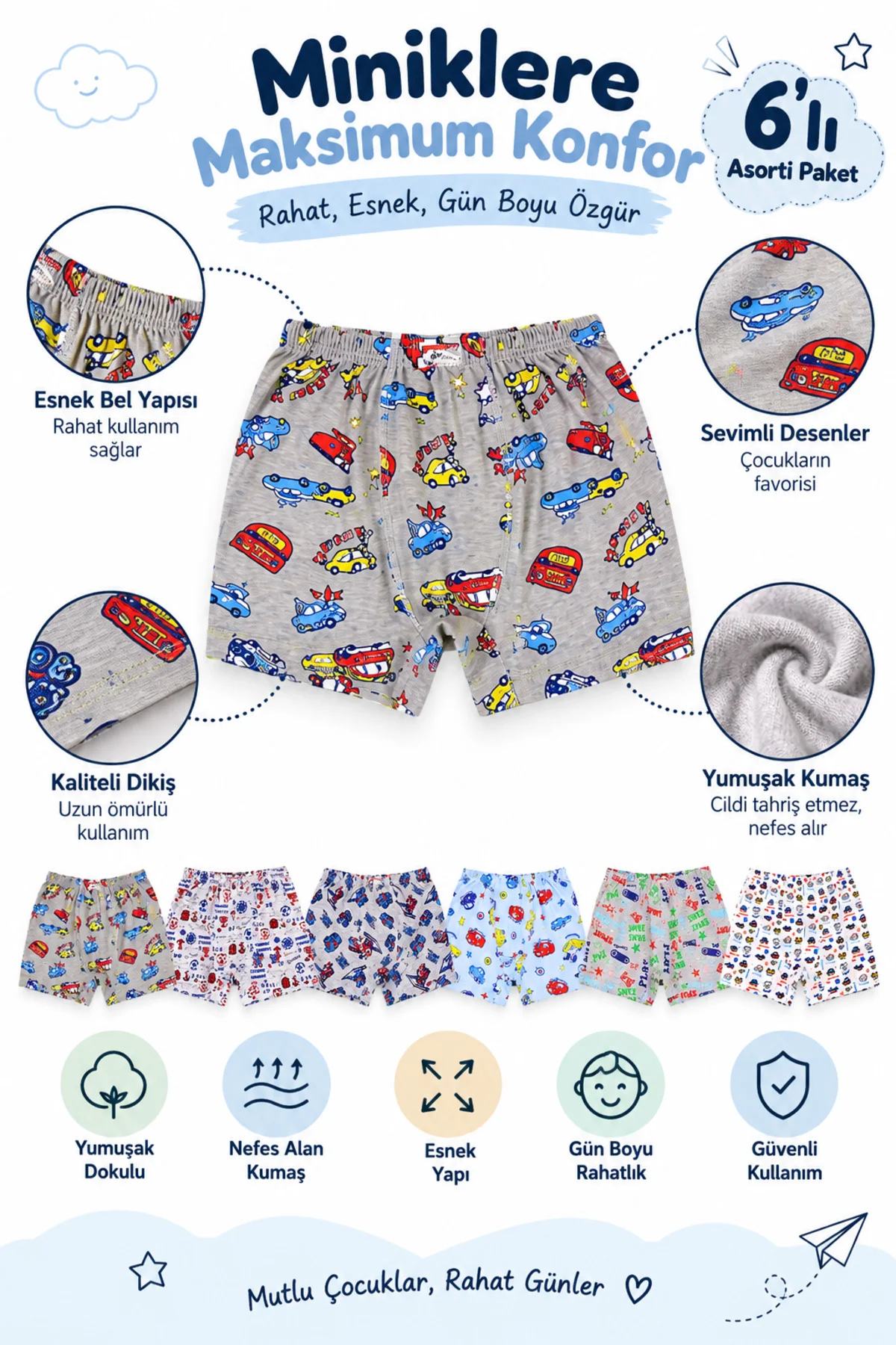 Erkek Çocuk Boxer 6'lı Paket Desenli Asorti Günlük Rahat Esnek Çocuk İç Çamaşırı Erkek Çocuk Boxer 6'lı Paket Desenli Asorti Günlük Rahat Esnek Çocuk İç Çamaşırı