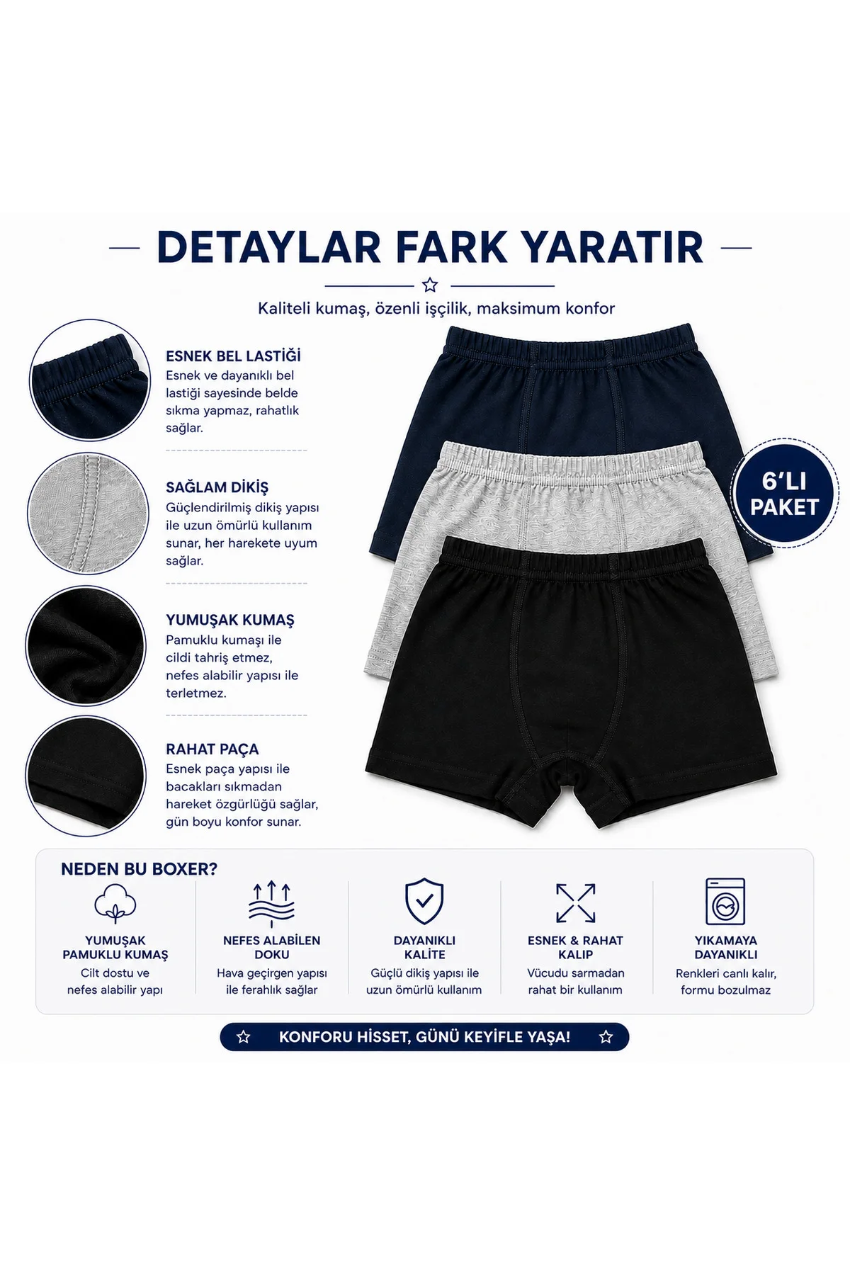 Erkek Çocuk Boxer 6’lı Paket – Pamuklu Esnek Bel Rahat Kalıp Lacivert Gri Siyah Çocuk İç Giyim Fiyatı, Yorumları ve Özellikleri