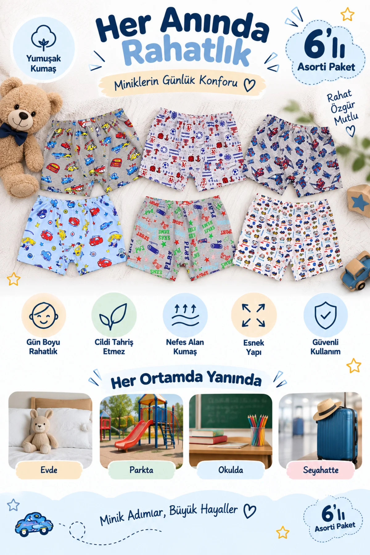 Erkek Çocuk Boxer 6'lı Paket Desenli Asorti Günlük Rahat Esnek Çocuk İç Çamaşırı Erkek Çocuk Boxer 6'lı Paket Desenli Asorti Günlük Rahat Esnek Çocuk İç Çamaşırı