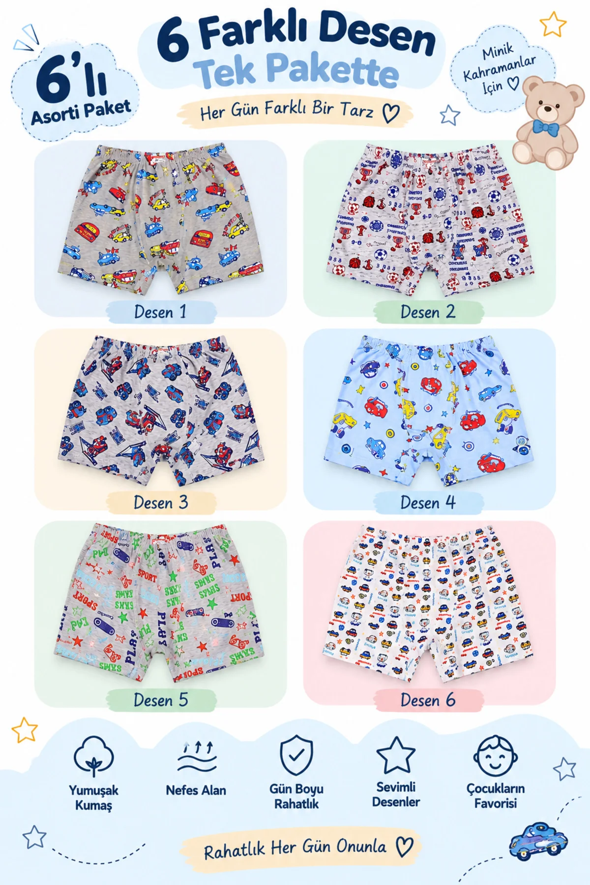 Erkek Çocuk Boxer 6'lı Paket Desenli Asorti Günlük Rahat Esnek Çocuk İç Çamaşırı Erkek Çocuk Boxer 6'lı Paket Desenli Asorti Günlük Rahat Esnek Çocuk İç Çamaşırı