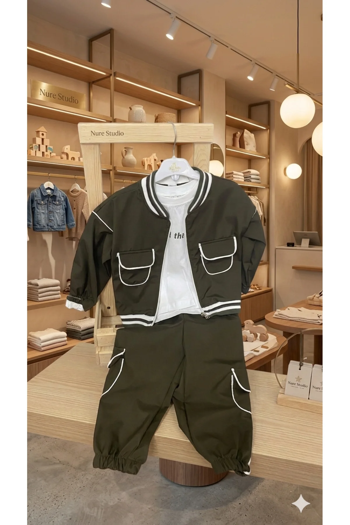 Erkek Çocuk Haki Şık 3´lü Takım | Bomber Ceket+ Baskılı Uzun Kollu Tshirt+ Jogger Pantolon