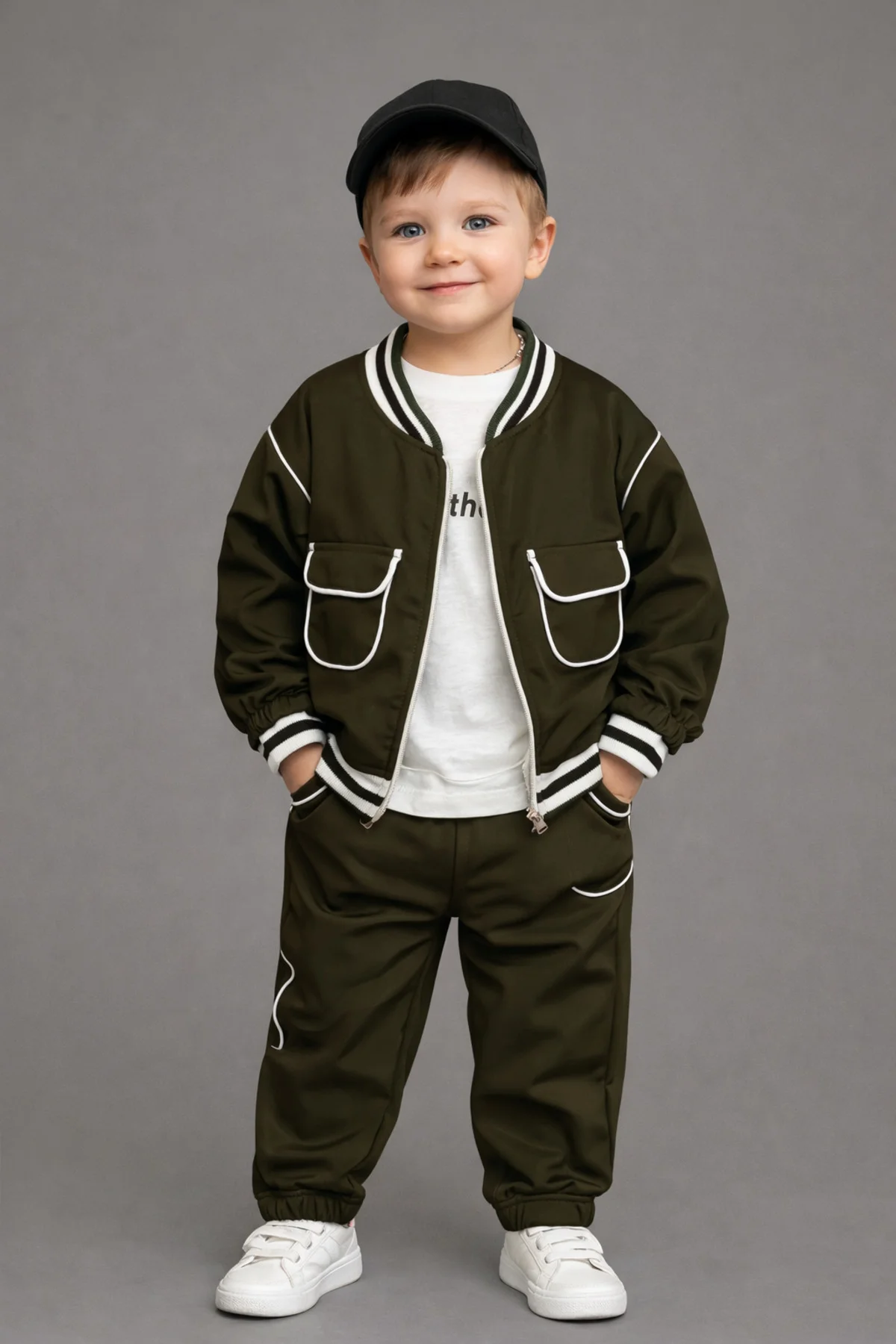 Erkek Çocuk Haki Şık 3´lü Takım | Bomber Ceket+ Baskılı Uzun Kollu Tshirt+ Jogger Pantolon